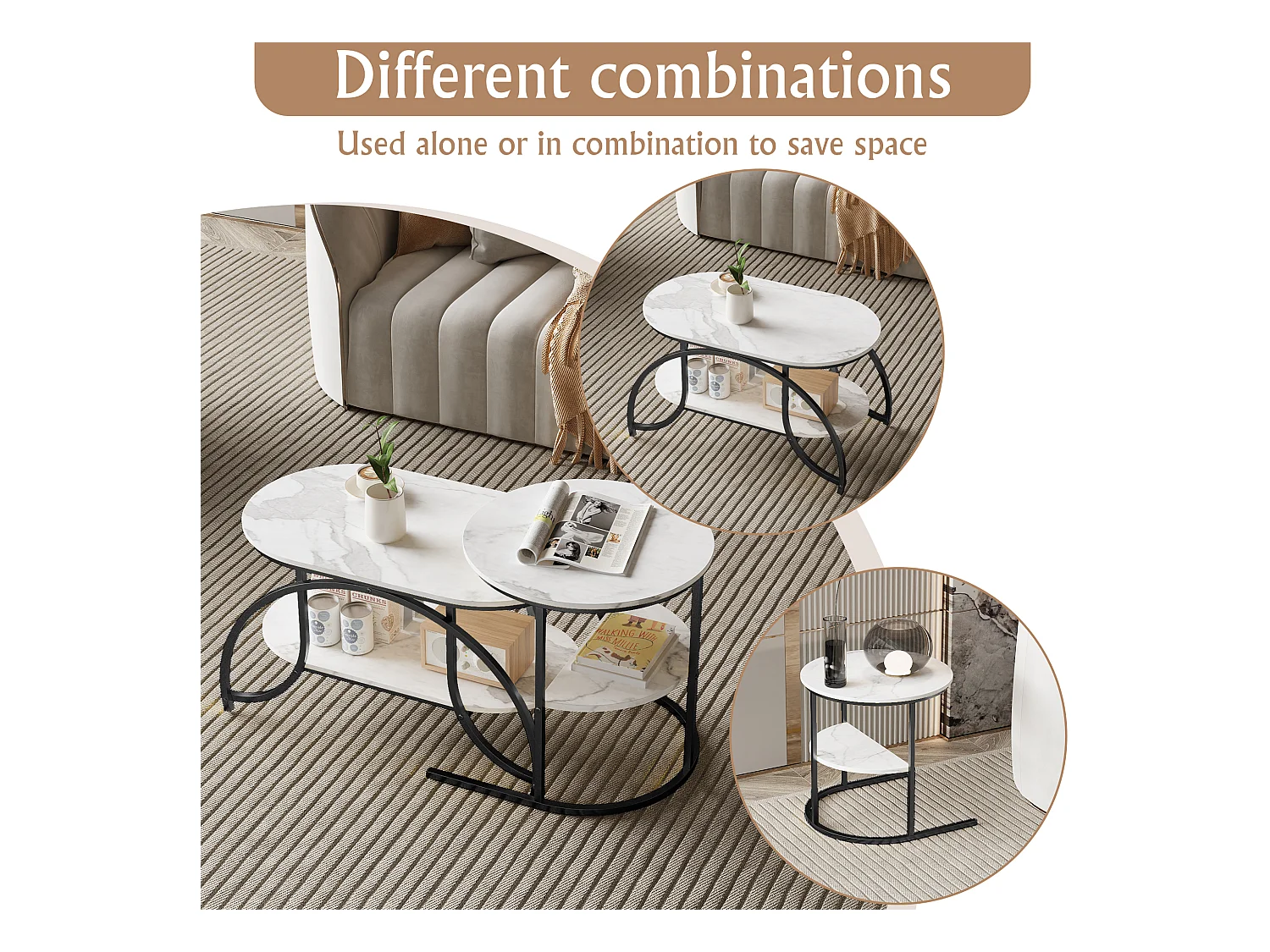 Petite table basse minimaliste moderne - table basse de salon en marbre blanc / table d'appoint de canapé / table d'exposition, facile à assembler, gain de place