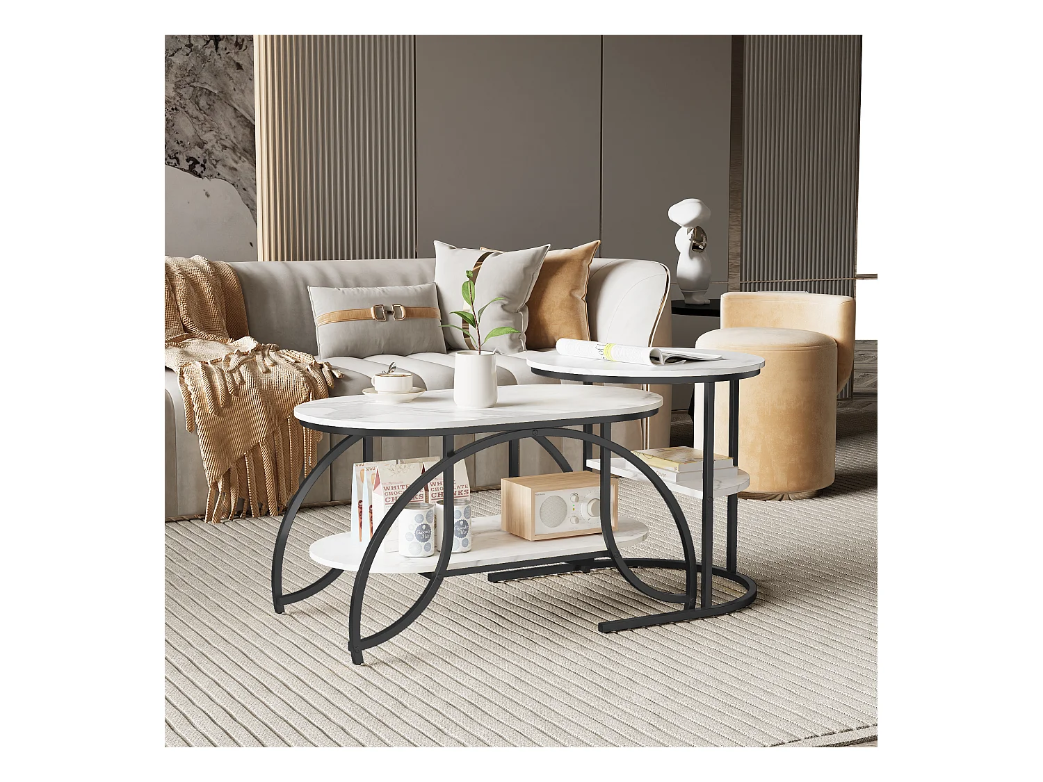 Petite table basse minimaliste moderne - table basse de salon en marbre blanc / table d'appoint de canapé / table d'exposition, facile à assembler, gain de place