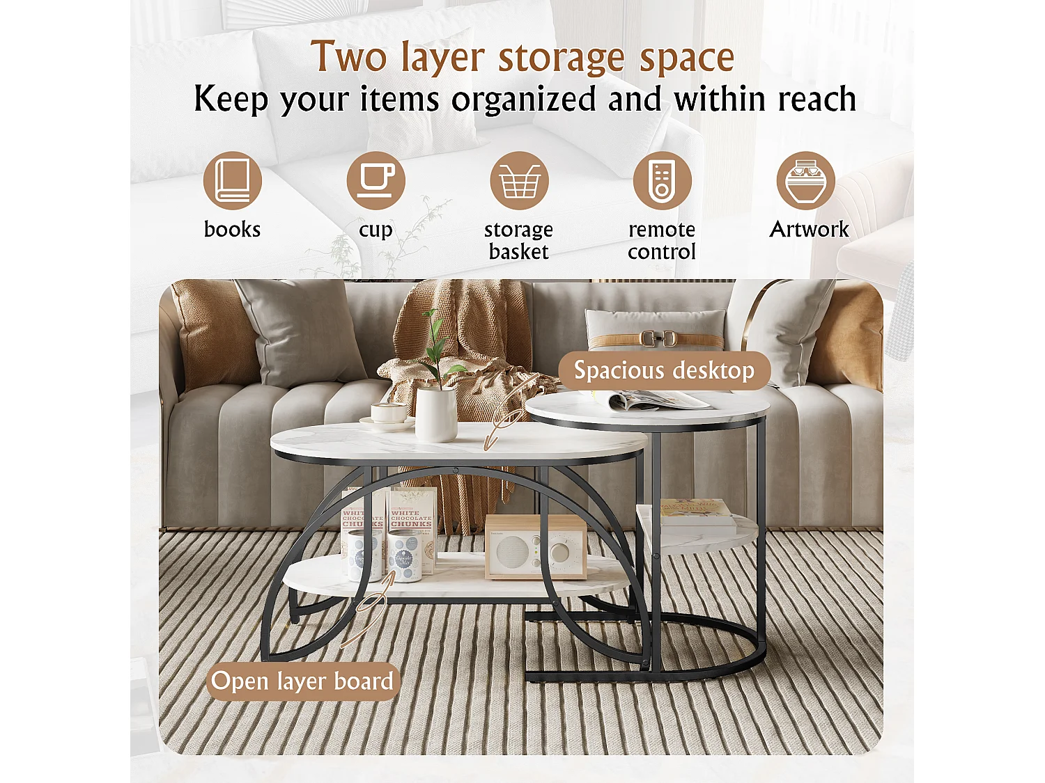 Moderne minimalistische kleine salontafel - Witte marmeren salontafel / salontafel / salontafel, eenvoudig te monteren, ruimtebesparend