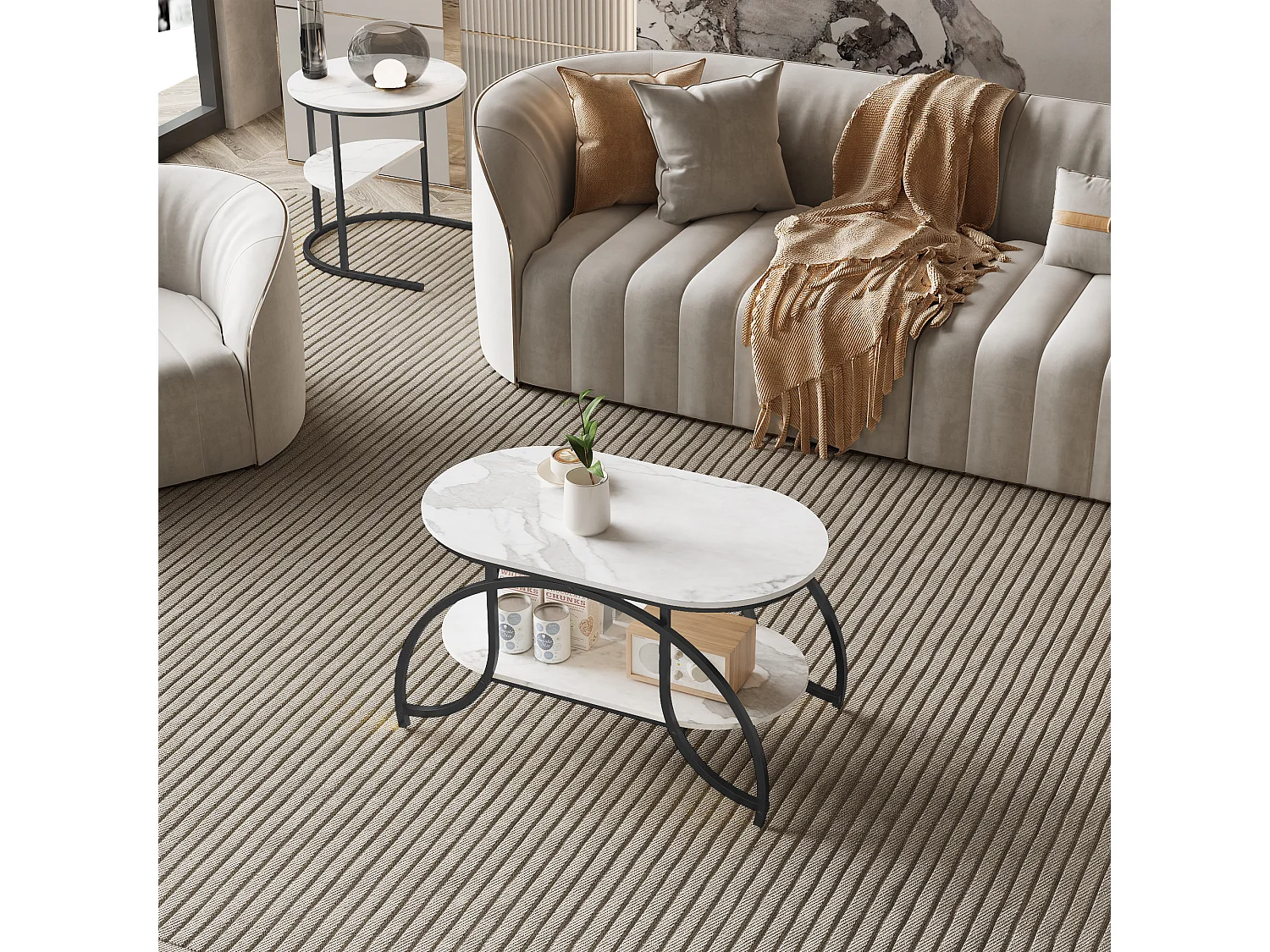 Moderne minimalistische kleine salontafel - Witte marmeren salontafel / salontafel / salontafel, eenvoudig te monteren, ruimtebesparend