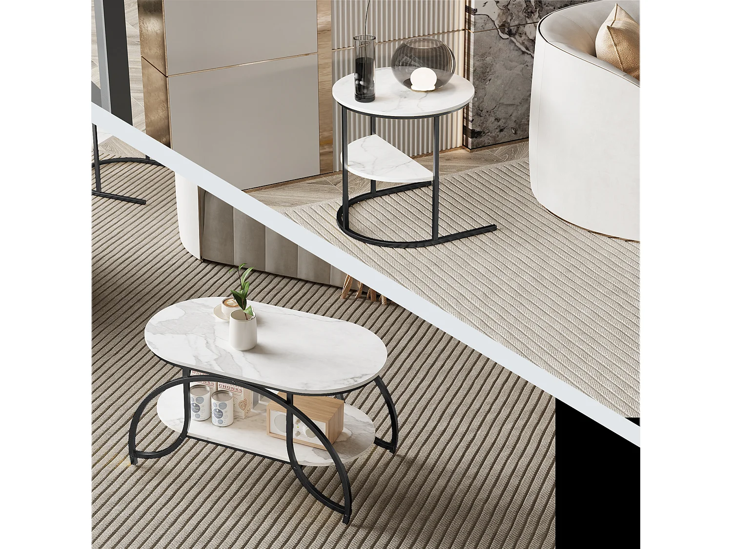 Petite table basse minimaliste moderne - table basse de salon en marbre blanc / table d'appoint de canapé / table d'exposition, facile à assembler, gain de place