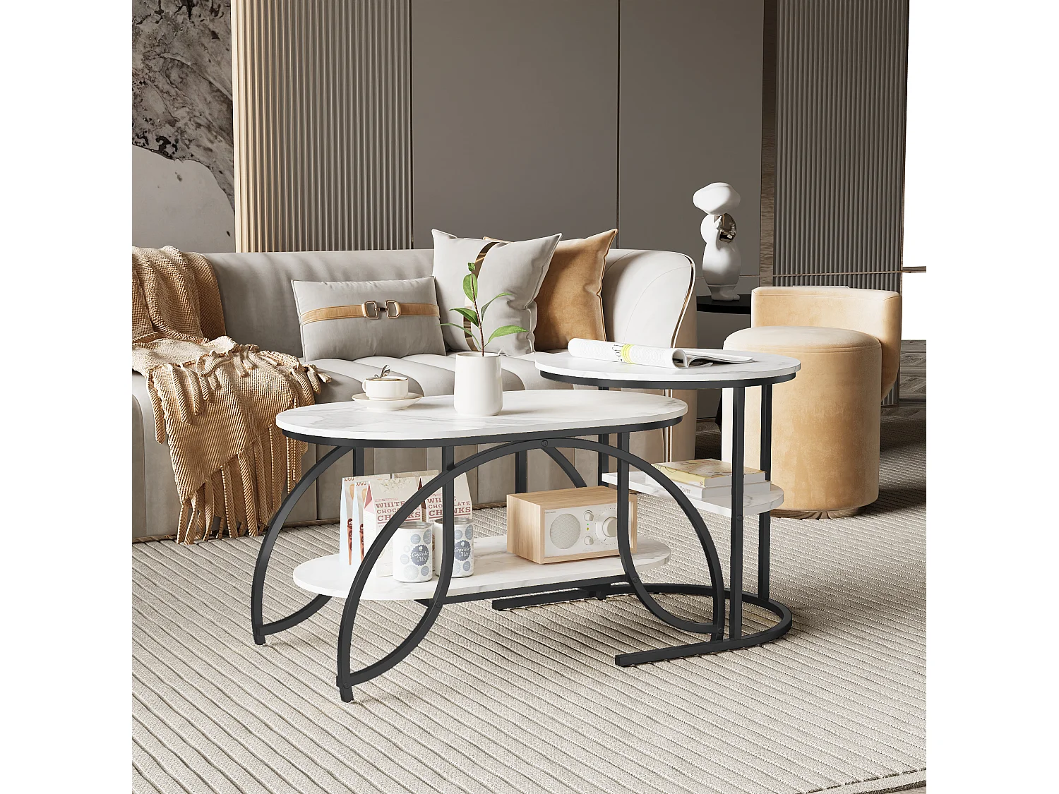Petite table basse minimaliste moderne - table basse de salon en marbre blanc / table d'appoint de canapé / table d'exposition, facile à assembler, gain de place