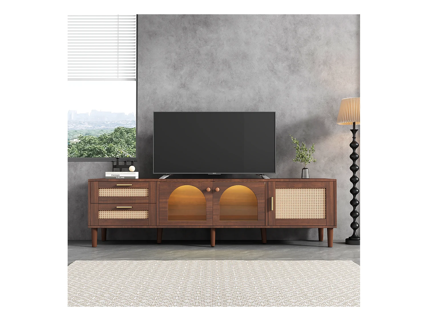 LED TV-meubel woonkamer met 3 deuren, 2 laden, rotan houten opbergmeubel - decoratief glas - eiken (180x40x50 cm)