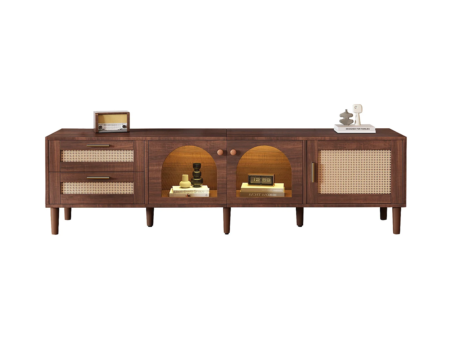 LED TV-meubel woonkamer met 3 deuren, 2 laden, rotan houten opbergmeubel - decoratief glas - eiken (180x40x50 cm)