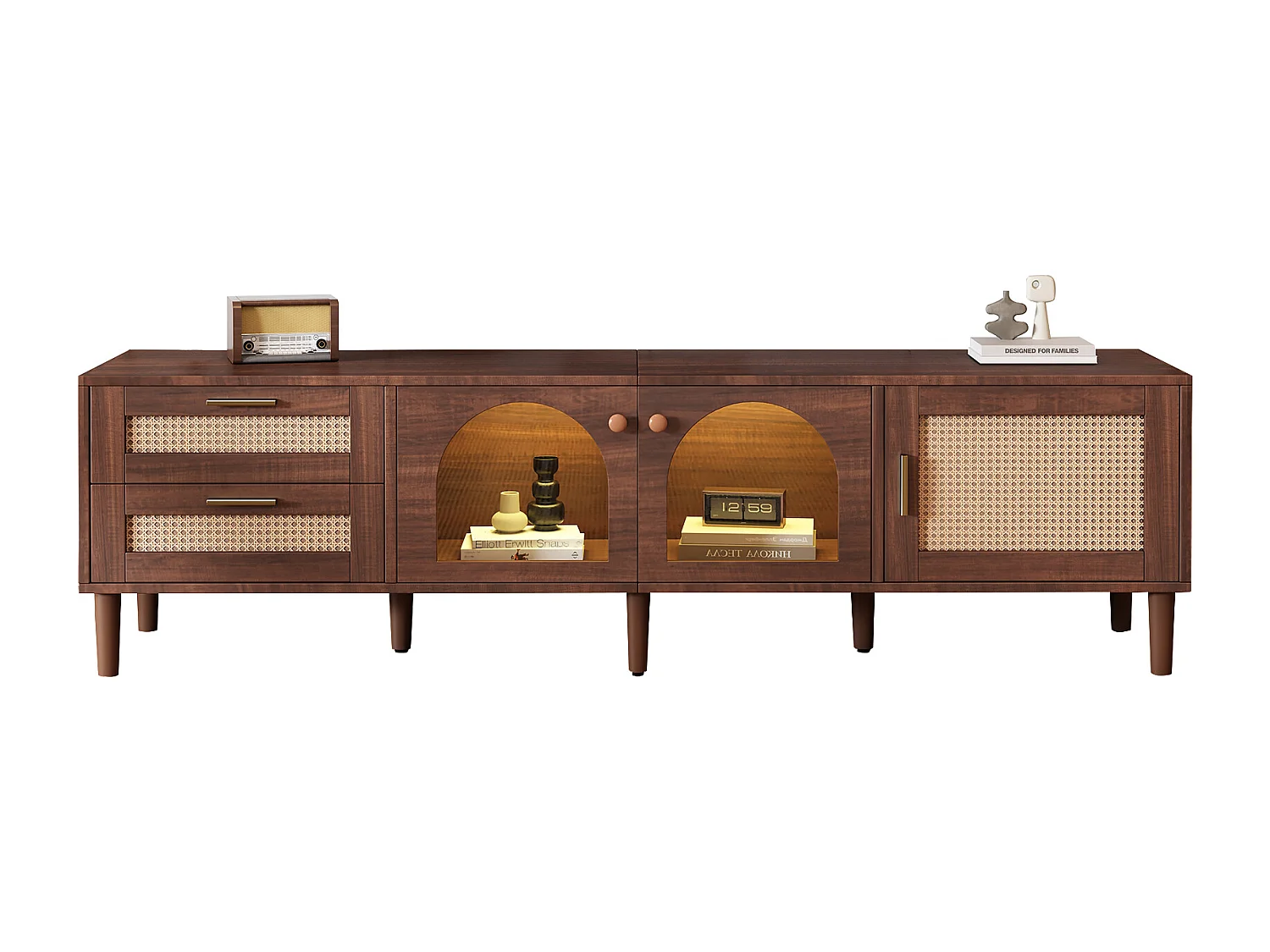 LED TV-meubel woonkamer met 3 deuren, 2 laden, rotan houten opbergmeubel - decoratief glas - eiken (180x40x50 cm)