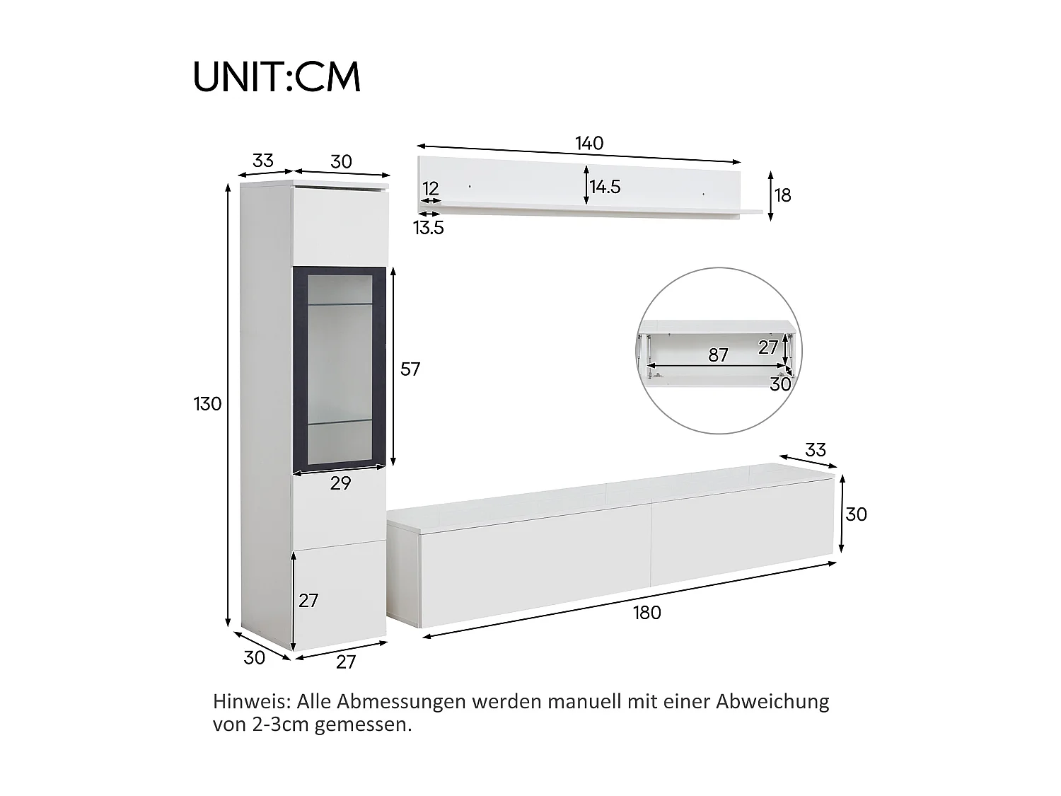 Ensemble meuble TV suspendu LED 180x33x30 cm avec 1 meuble TV 1 vitrine 1 support mural en bois - blanc