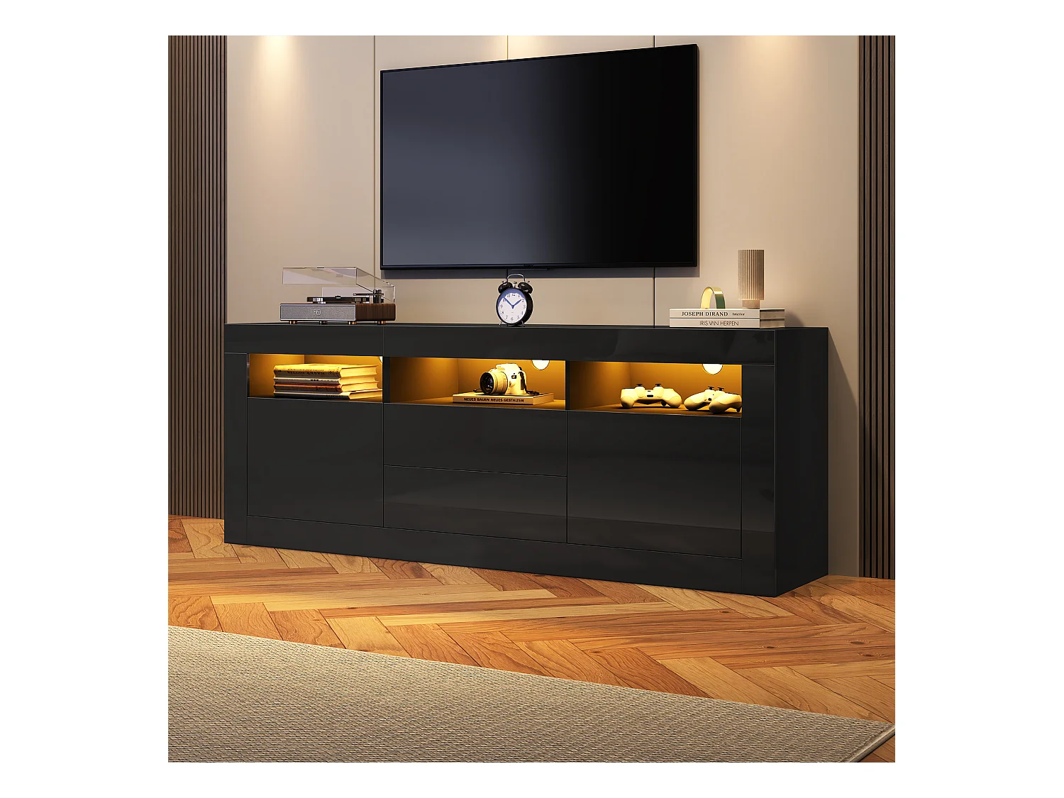 Meuble TV LED salon avec 2 portes 2 tiroirs et rangement ouvert - bois - noir (160x35x60 cm)