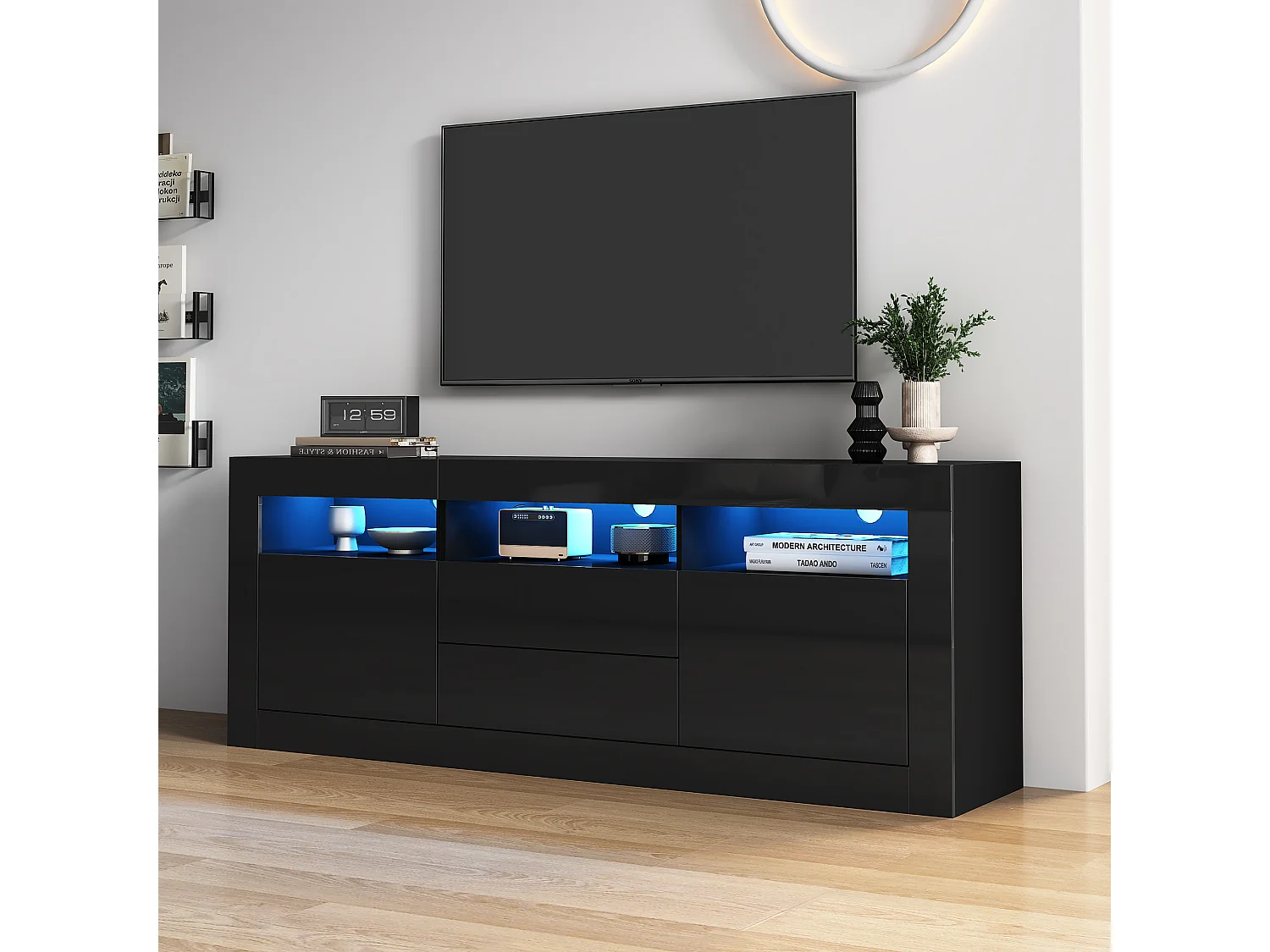 LED TV-meubel voor woonkamer met 2 deuren, 2 lades en open opbergruimte - hout - zwart (160x35x60 cm)