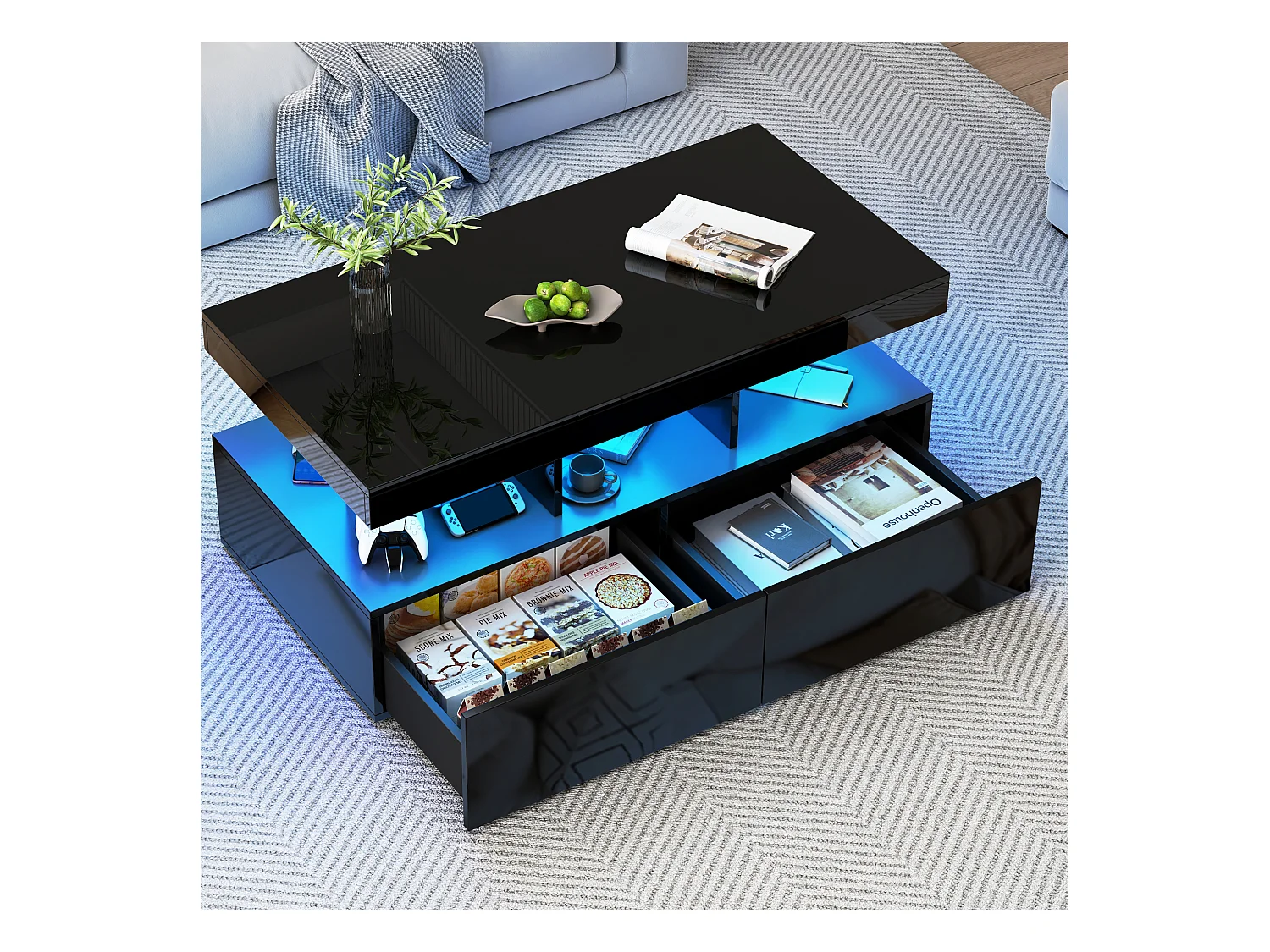 Table basse LED RGB intelligente - avec deux tiroirs, variateur d'intensité contrôlé par application,  finition brillante et imperméable, compatible avec la musique