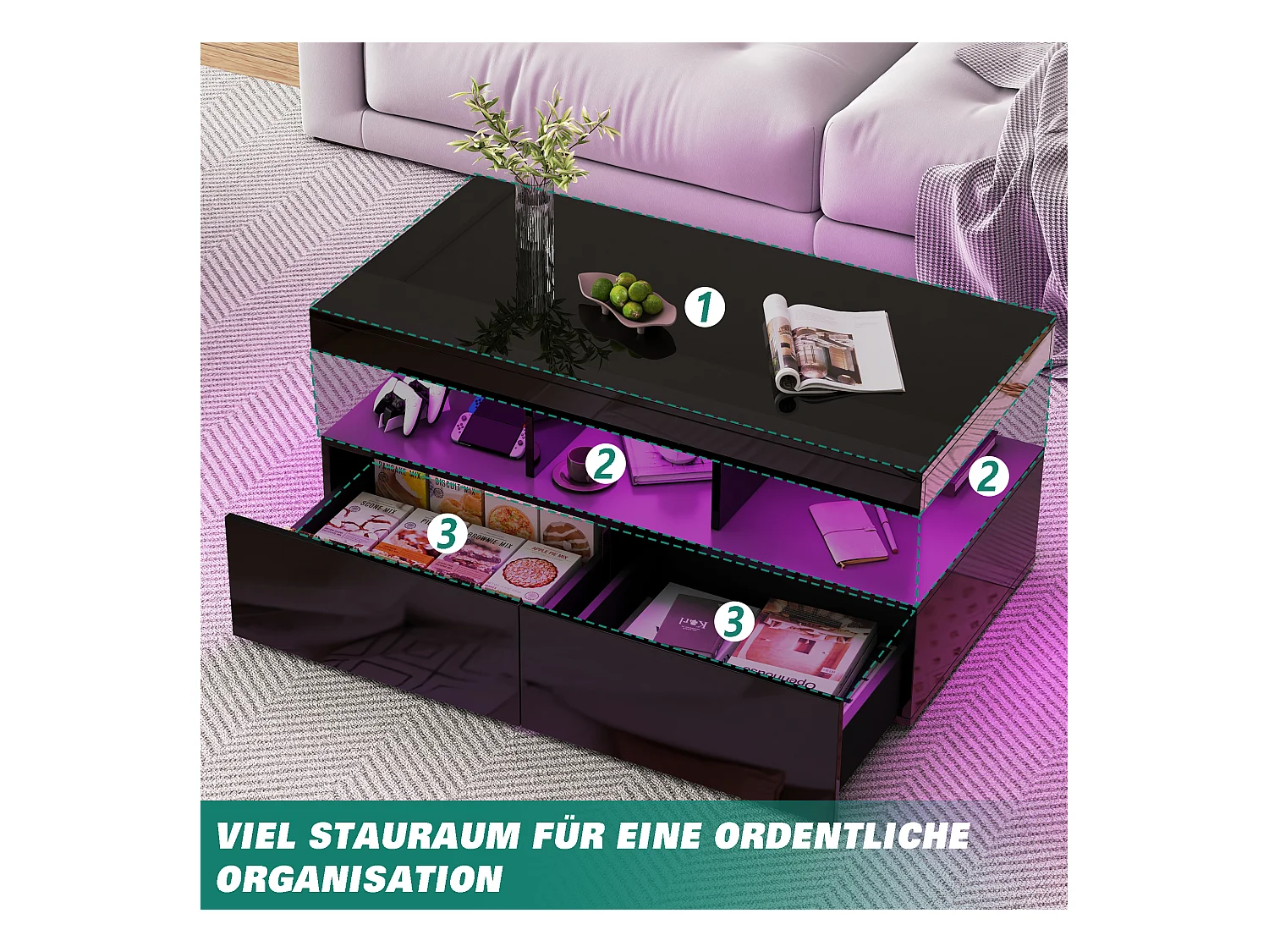 Table basse LED RGB intelligente - avec deux tiroirs, variateur d'intensité contrôlé par application,  finition brillante et imperméable, compatible avec la musique