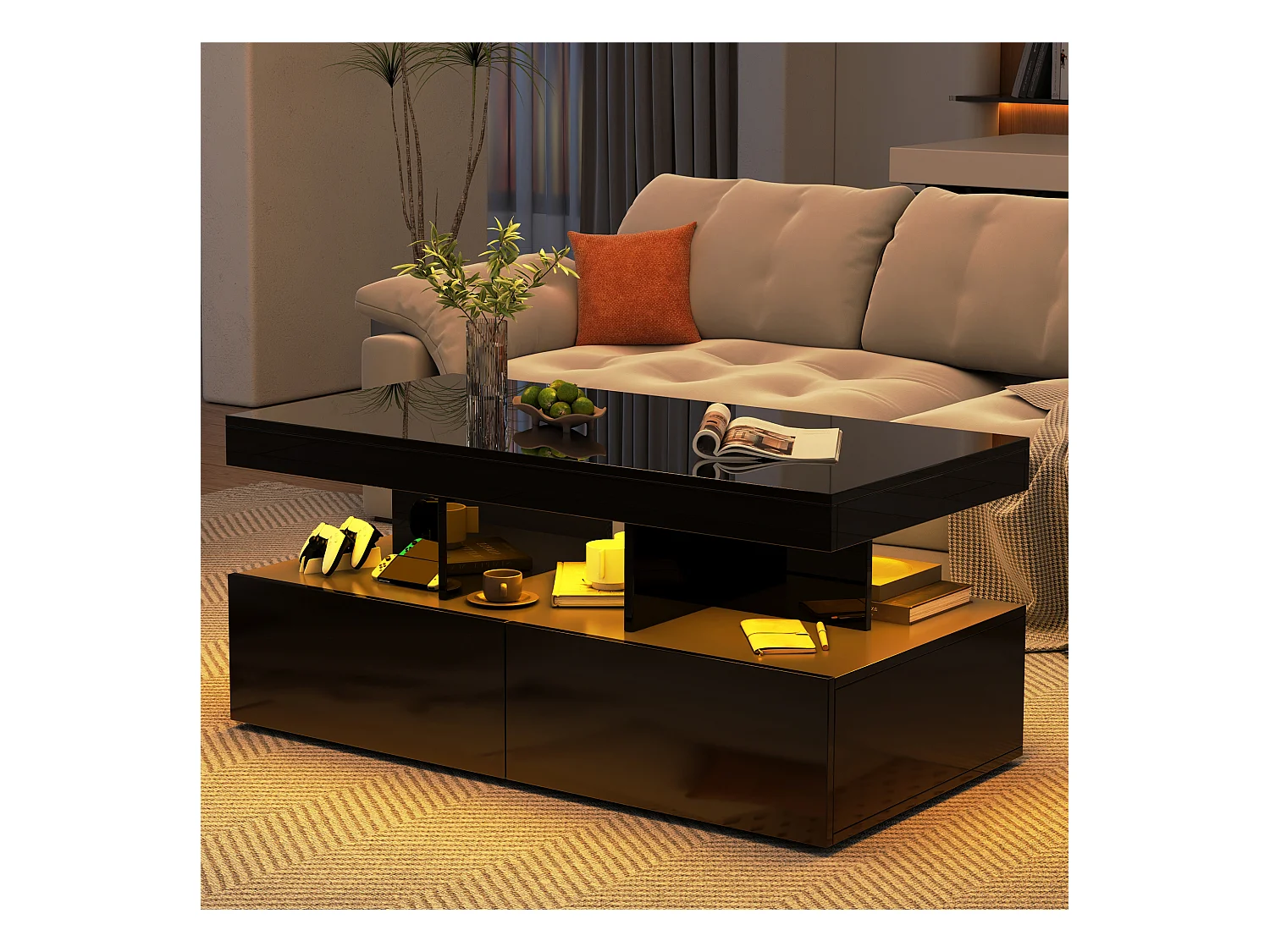 Table basse LED RGB intelligente - avec deux tiroirs, variateur d'intensité contrôlé par application,  finition brillante et imperméable, compatible avec la musique