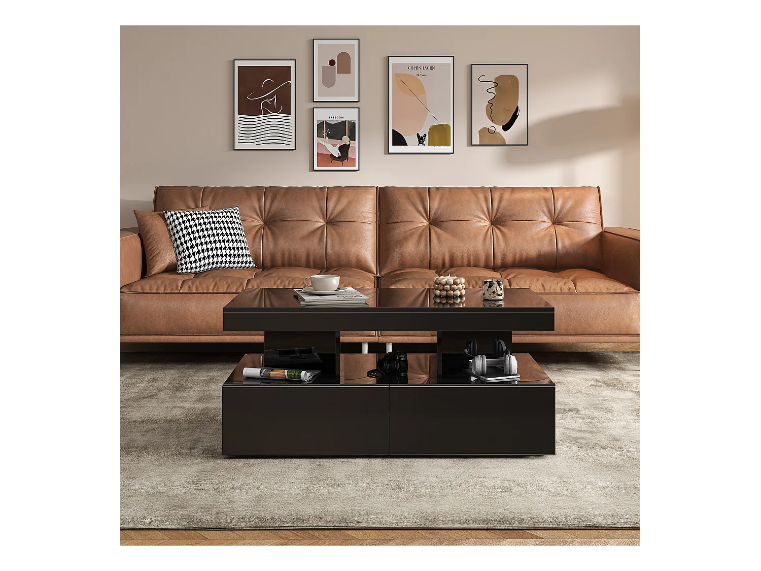 Table basse LED RGB intelligente - avec deux tiroirs, variateur d'intensité contrôlé par application,  finition brillante et imperméable, compatible avec la musique