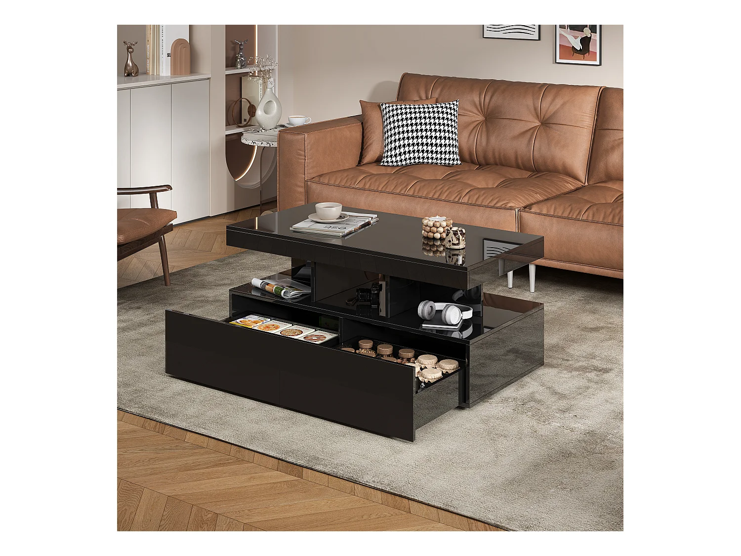 Table basse LED RGB intelligente - avec deux tiroirs, variateur d'intensité contrôlé par application,  finition brillante et imperméable, compatible avec la musique