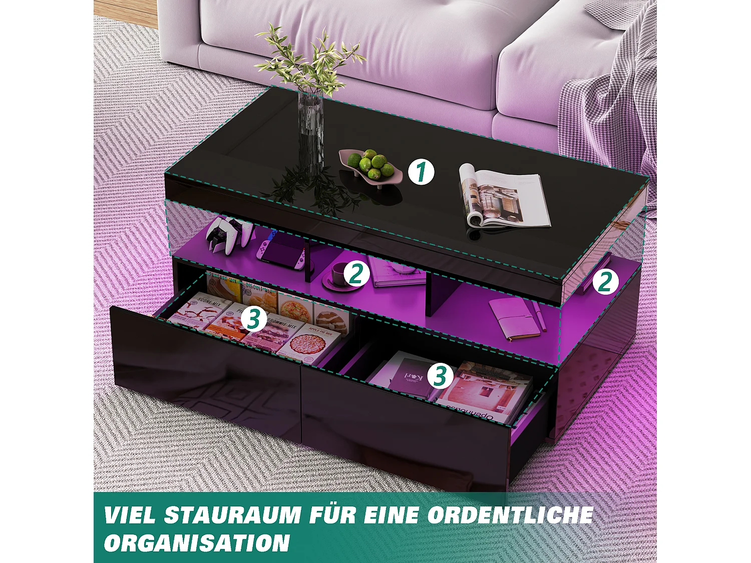 Table basse LED RGB intelligente - avec deux tiroirs, variateur d'intensité contrôlé par application,  finition brillante et imperméable, compatible avec la musique