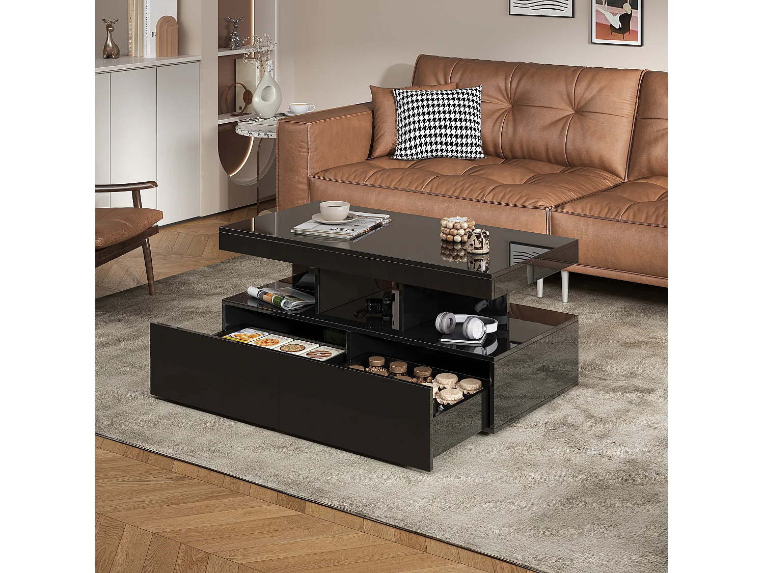 Table basse LED RGB intelligente - avec deux tiroirs, variateur d'intensité contrôlé par application,  finition brillante et imperméable, compatible avec la musique