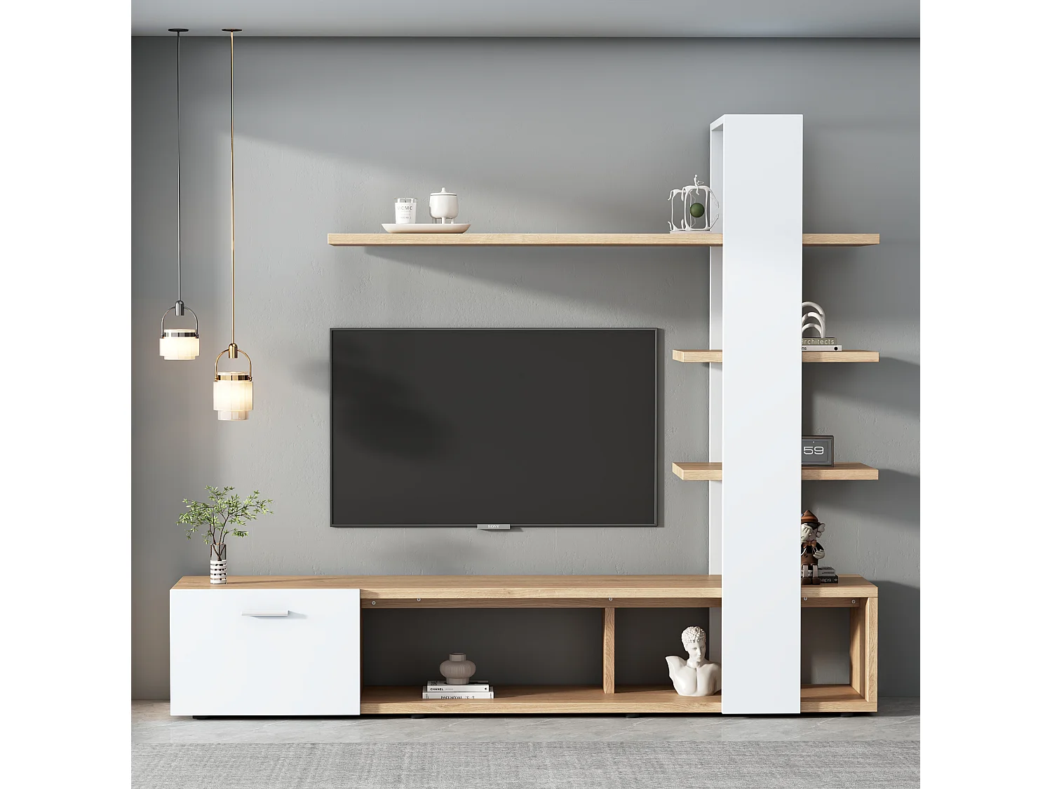 Woonkamer TV-meubelset met houten opbergruimte - wit (180x33,5x151,5 cm)