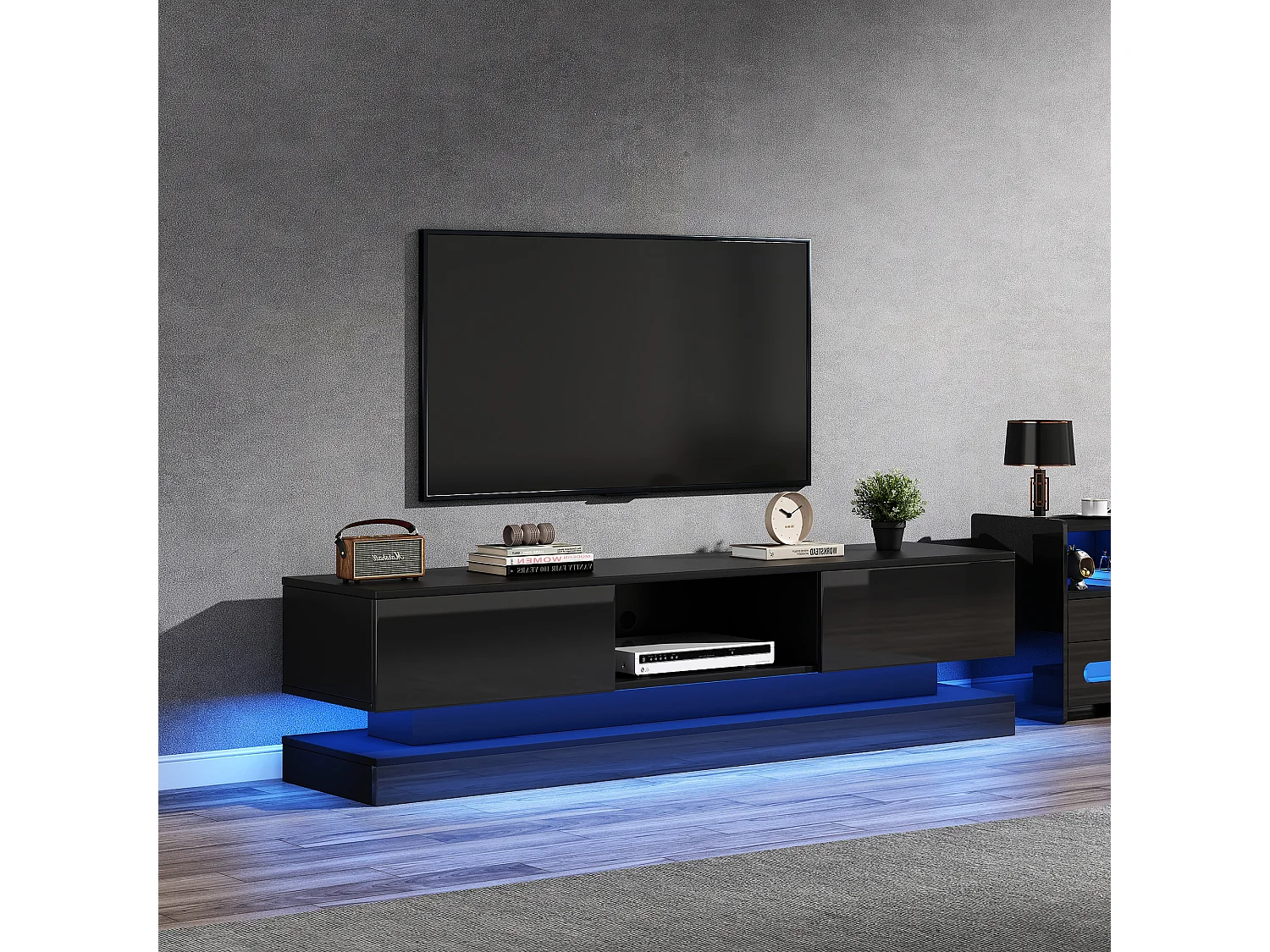 Meuble TV 160x35x40.5 cm LED salon avec 2 portes et rangement ouvert - bois - noir brillant