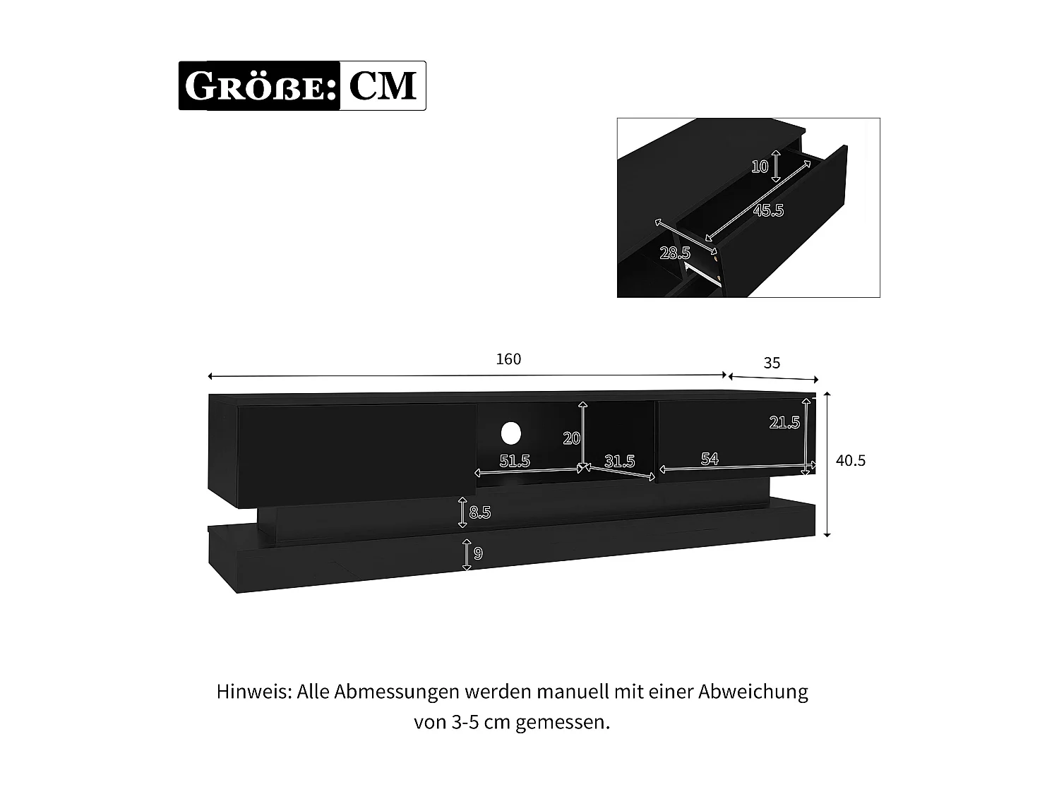 Meuble TV 160x35x40.5 cm LED salon avec 2 portes et rangement ouvert - bois - noir brillant