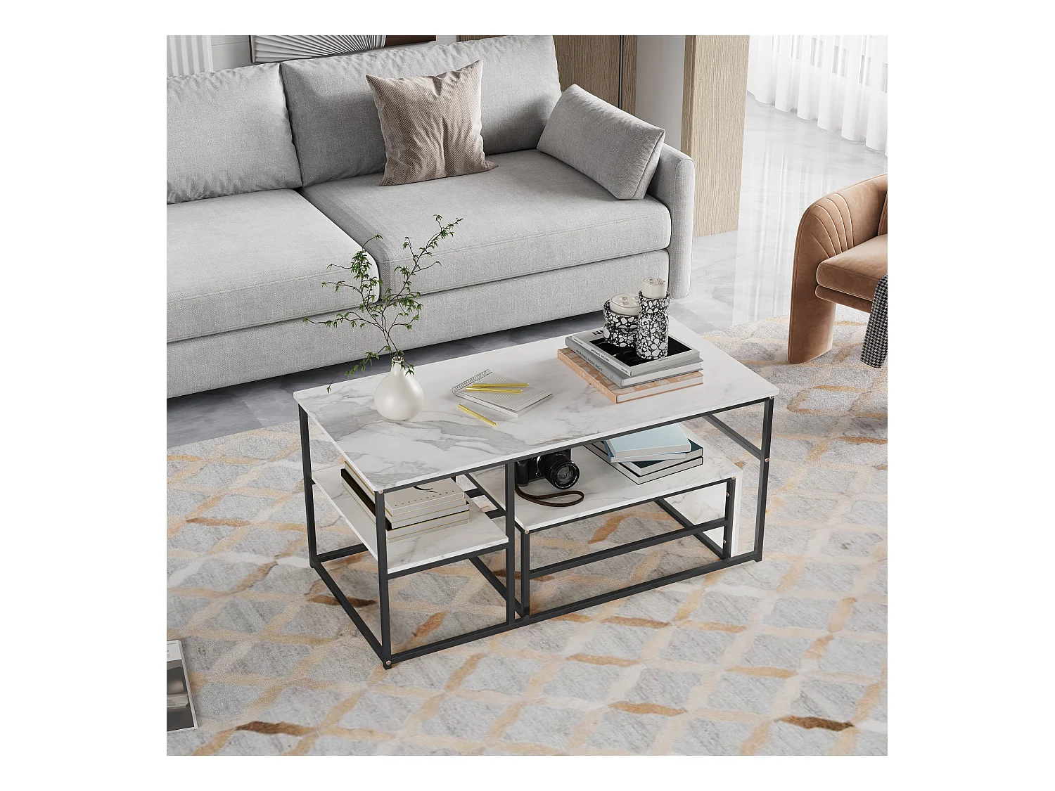 Table basse de rangement moderne à double couche - conception d'angle arrondie anti-collision, grand plateau de table de 105 cm avec étagères de rangement ouvertes