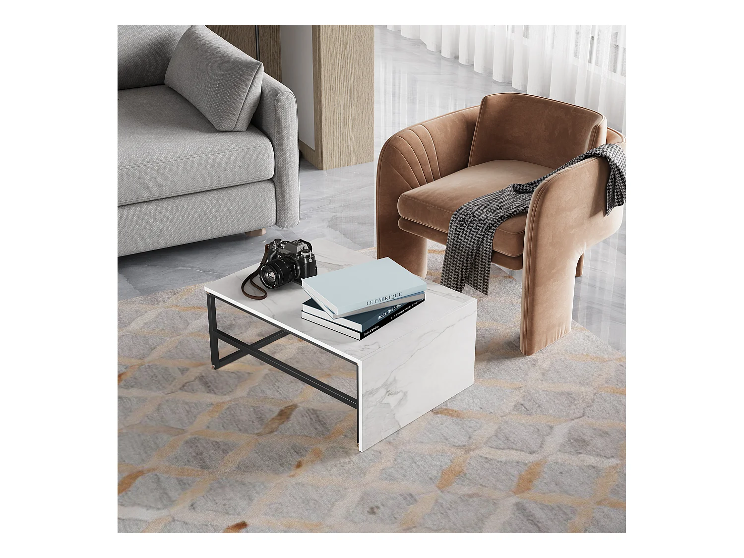 Table basse de rangement moderne à double couche - conception d'angle arrondie anti-collision, grand plateau de table de 105 cm avec étagères de rangement ouvertes