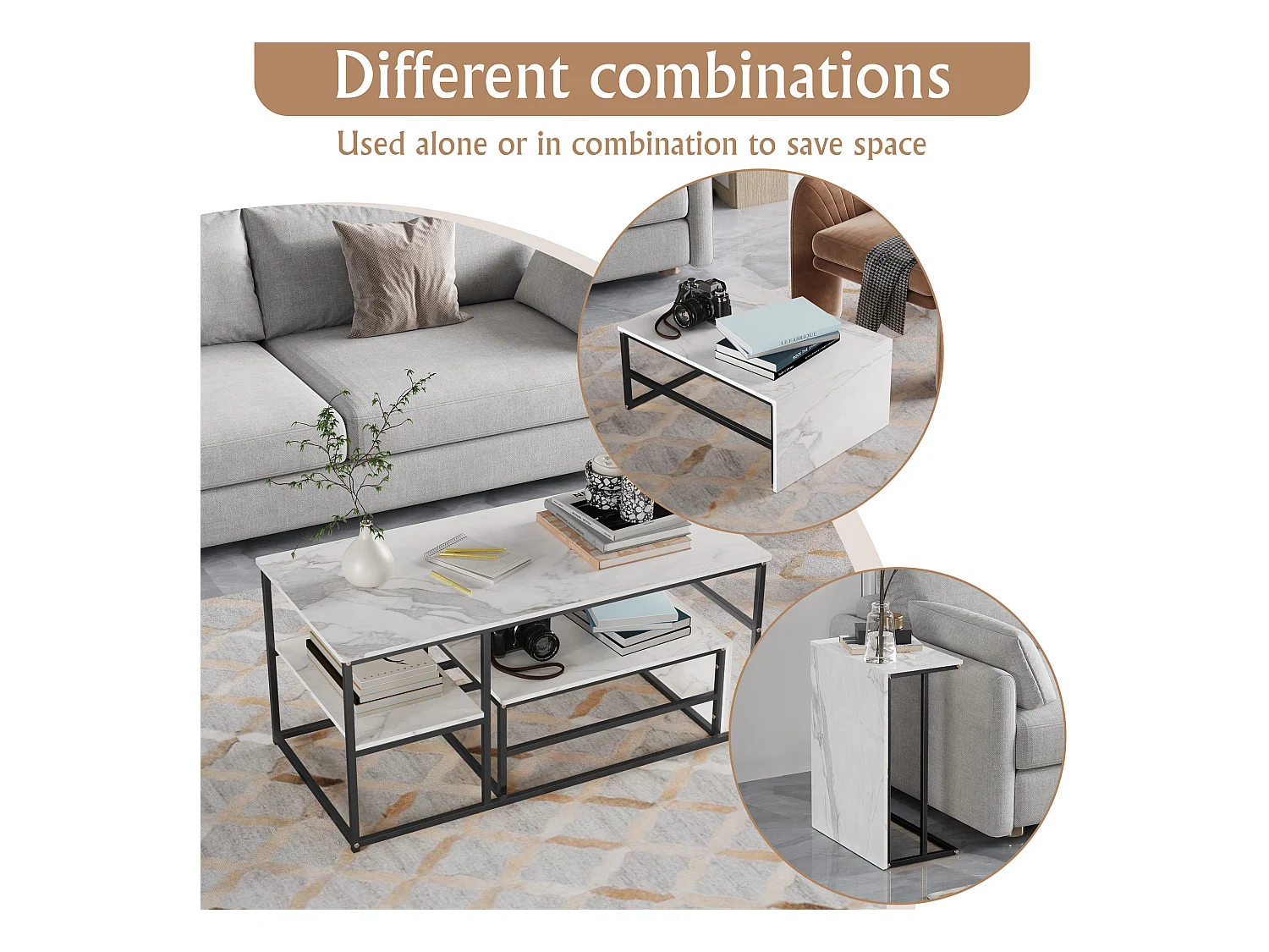 Table basse de rangement moderne à double couche - conception d'angle arrondie anti-collision, grand plateau de table de 105 cm avec étagères de rangement ouvertes