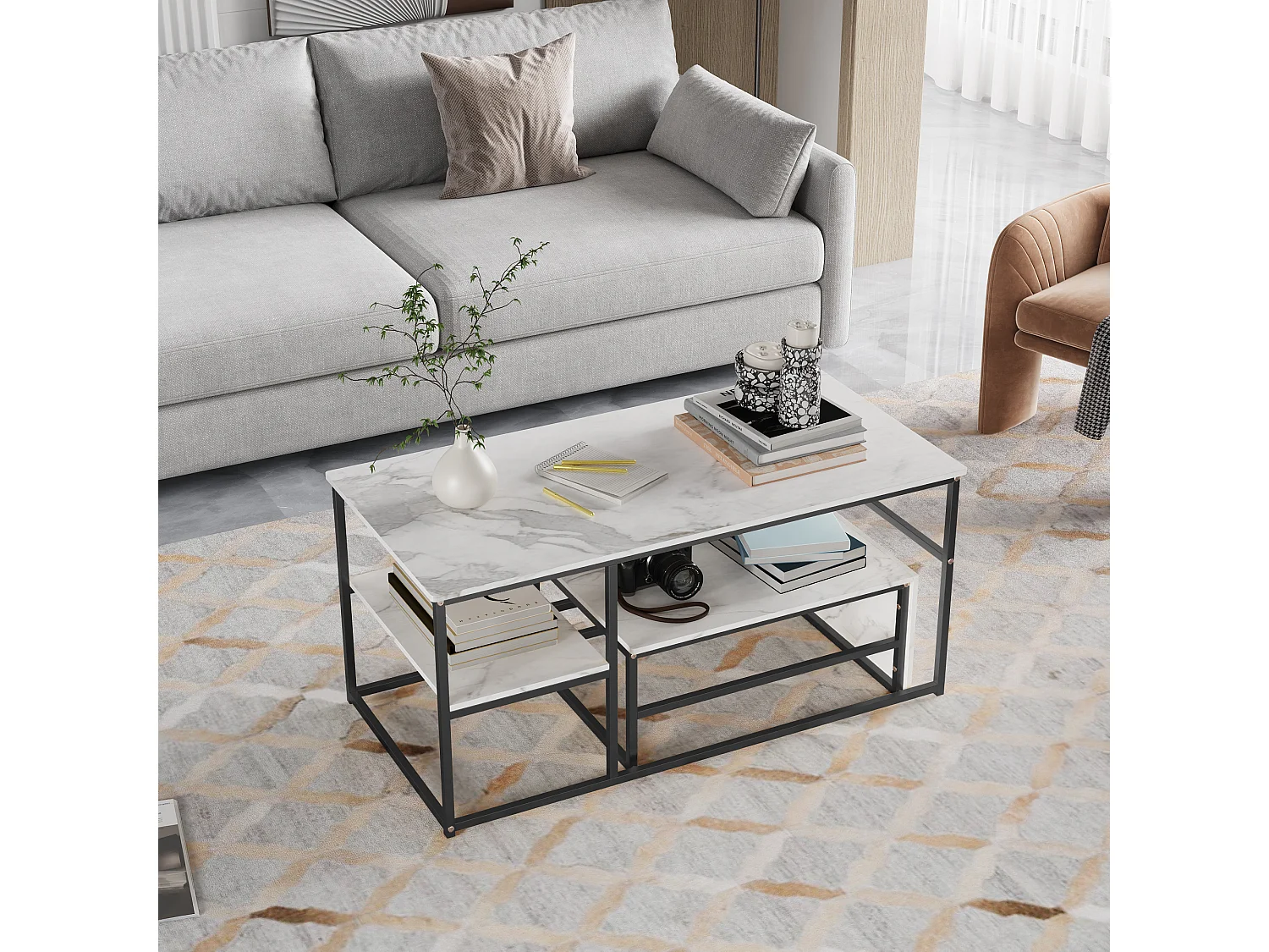 Table basse de rangement moderne à double couche - conception d'angle arrondie anti-collision, grand plateau de table de 105 cm avec étagères de rangement ouvertes