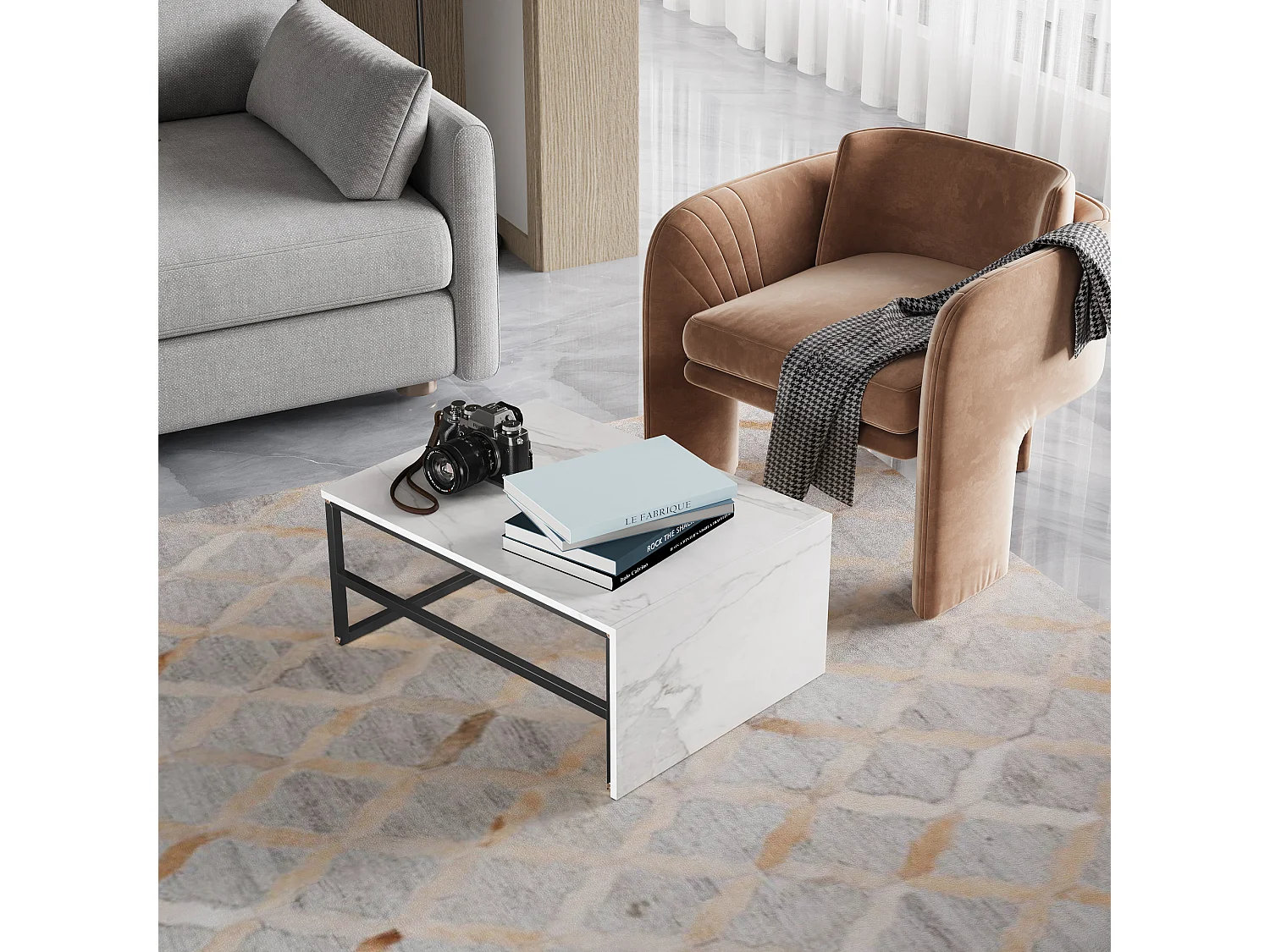 Table basse de rangement moderne à double couche - conception d'angle arrondie anti-collision, grand plateau de table de 105 cm avec étagères de rangement ouvertes