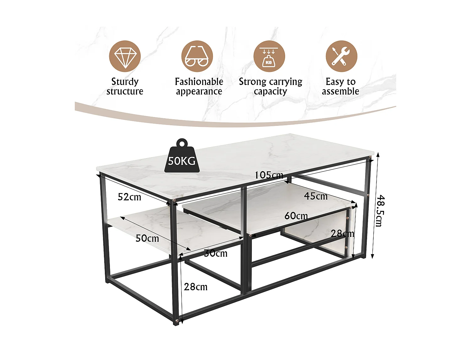 Table basse de rangement moderne à double couche - conception d'angle arrondie anti-collision, grand plateau de table de 105 cm avec étagères de rangement ouvertes