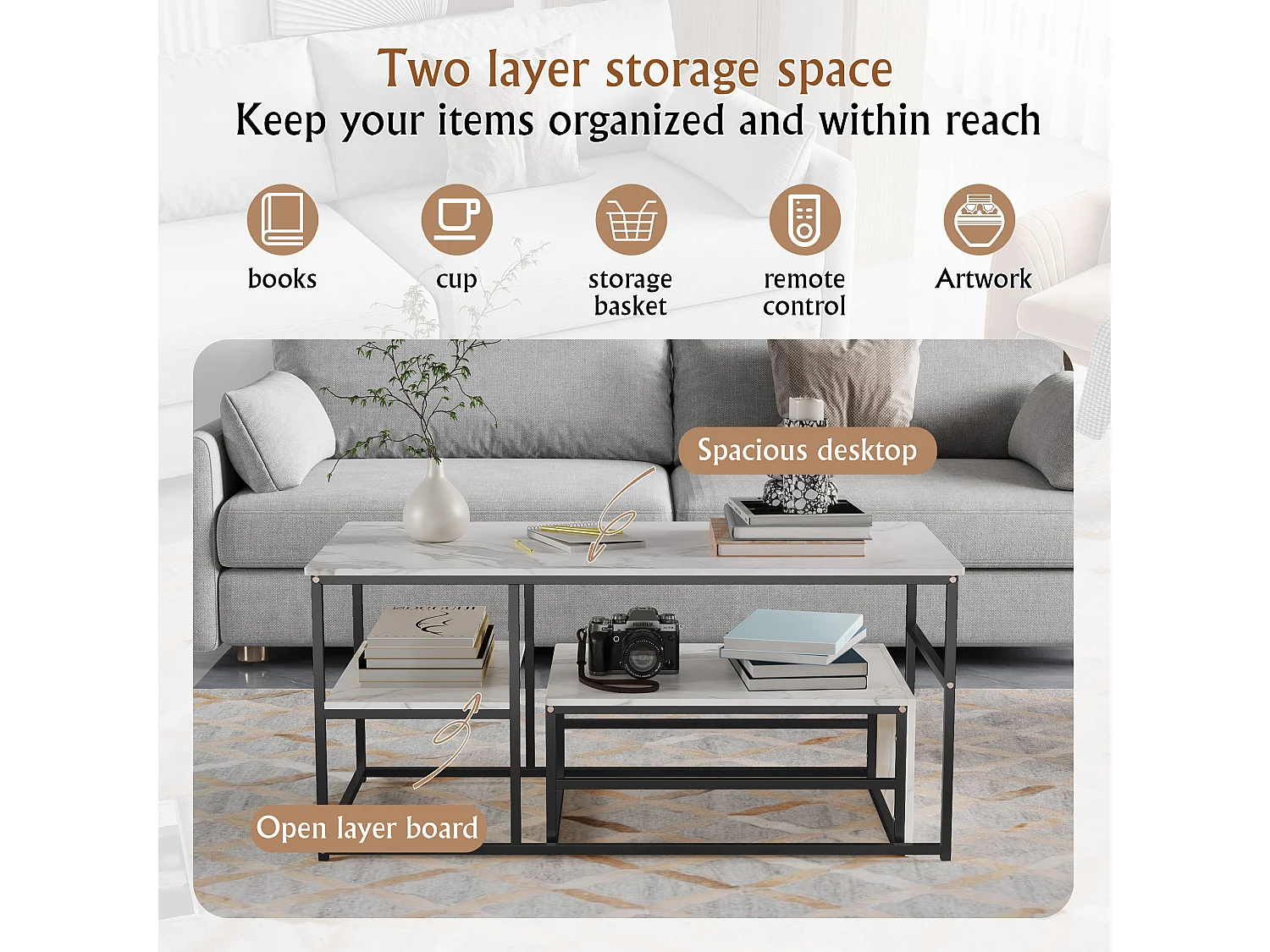 Table basse de rangement moderne à double couche - conception d'angle arrondie anti-collision, grand plateau de table de 105 cm avec étagères de rangement ouvertes