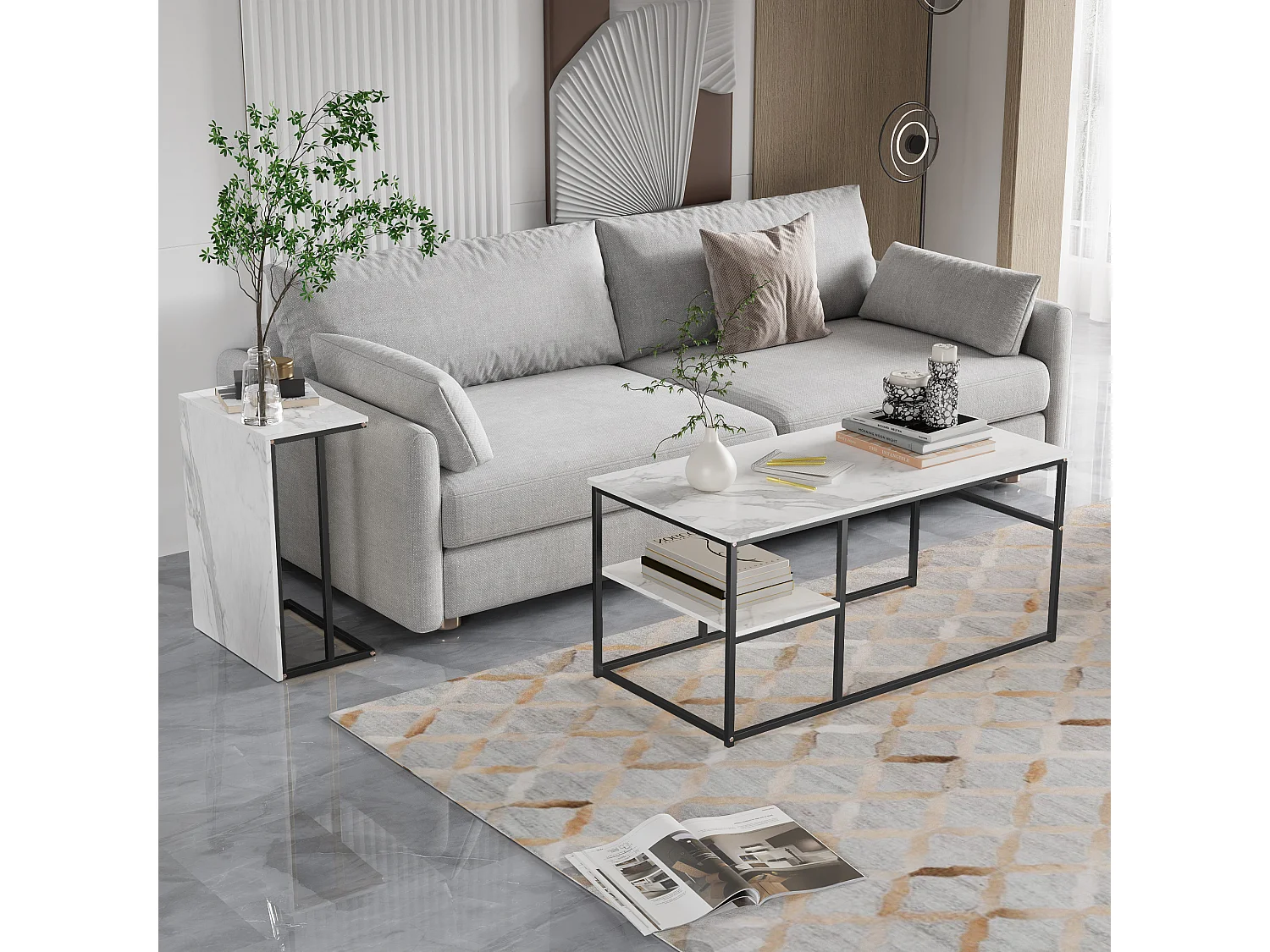 Table basse de rangement moderne à double couche - conception d'angle arrondie anti-collision, grand plateau de table de 105 cm avec étagères de rangement ouvertes