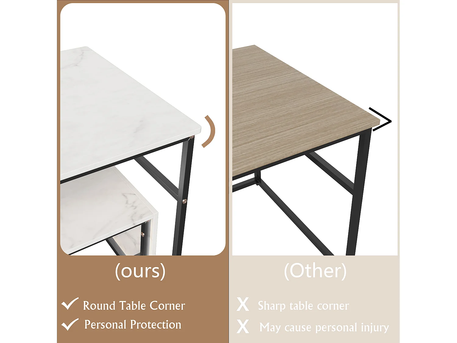 Table basse de rangement moderne à double couche - conception d'angle arrondie anti-collision, grand plateau de table de 105 cm avec étagères de rangement ouvertes