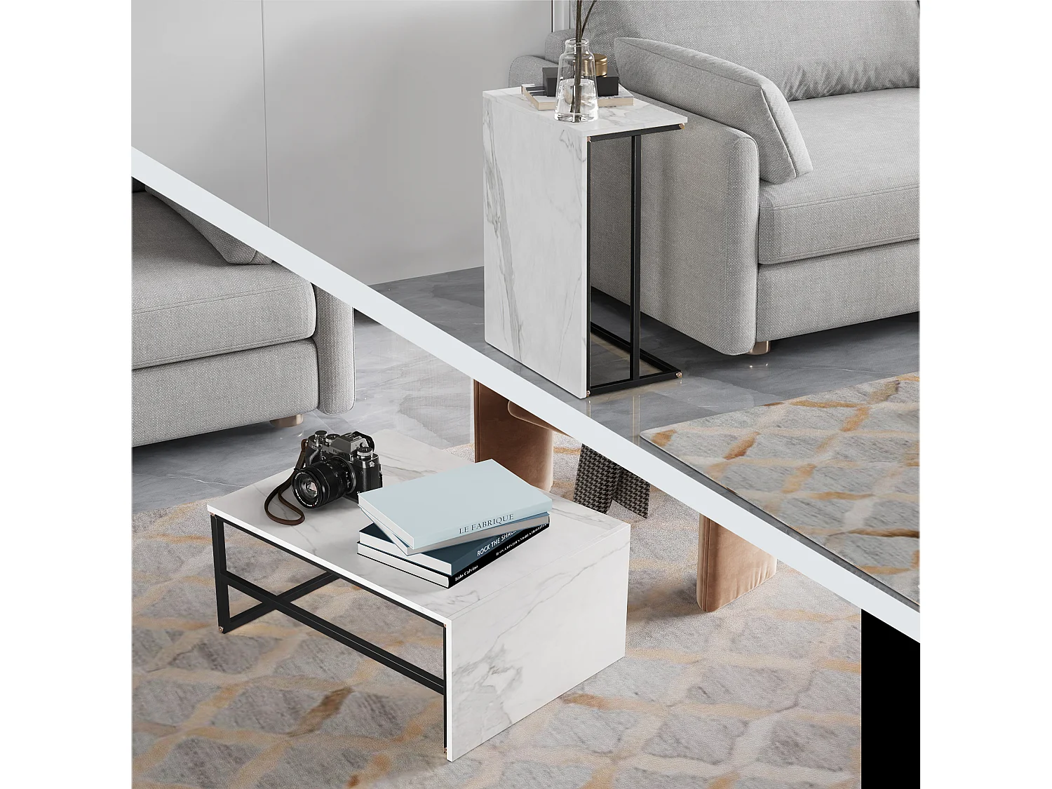 Table basse de rangement moderne à double couche - conception d'angle arrondie anti-collision, grand plateau de table de 105 cm avec étagères de rangement ouvertes