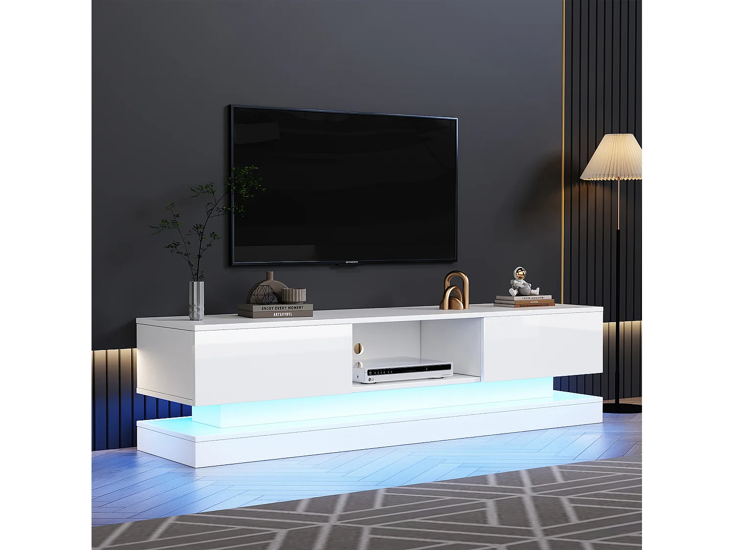 Meuble TV 160x35x40.5 cm LED avec 2 portes et rangement ouvert - bois - blanc brillant
