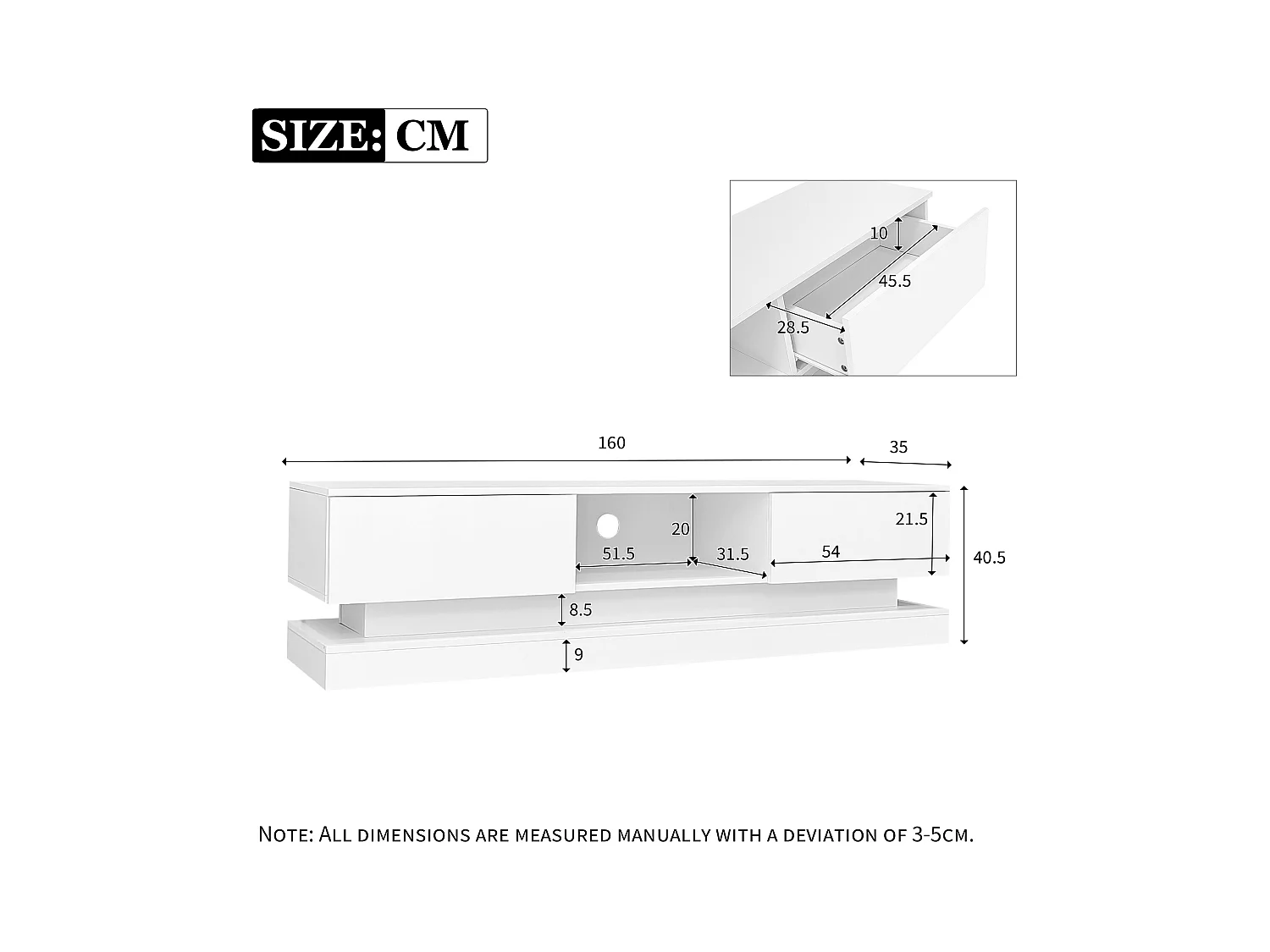 Meuble TV 160x35x40.5 cm LED avec 2 portes et rangement ouvert - bois - blanc brillant