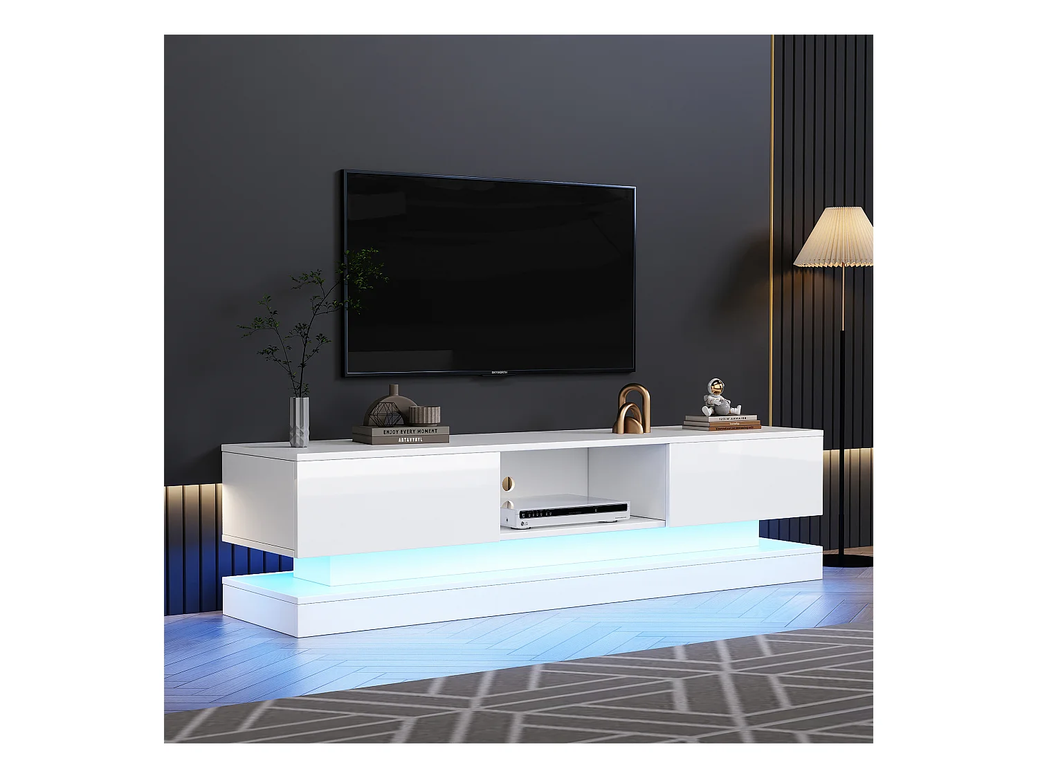 Meuble TV LED salon avec 2 portes et rangement ouvert - bois - blanc brillant (160x35x40.5 cm)