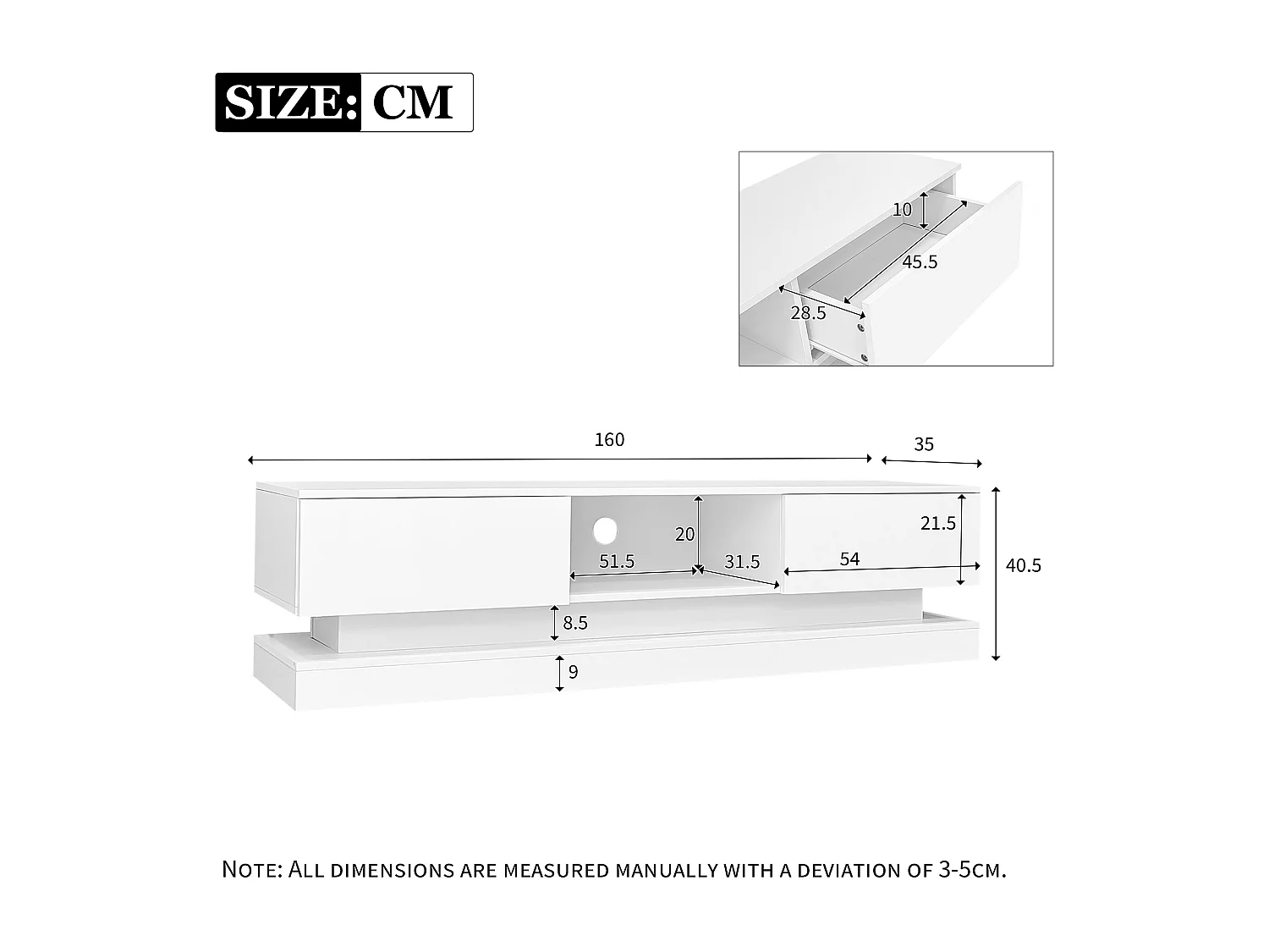 Meuble TV 160x35x40.5 cm LED avec 2 portes et rangement ouvert - bois - blanc brillant