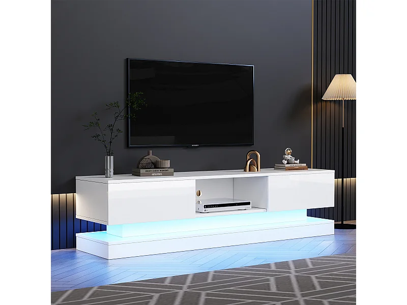 Meuble TV 160x35x40.5 cm LED avec 2 portes et rangement ouvert - bois - blanc brillant