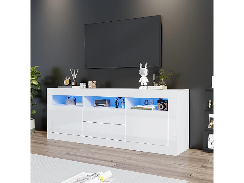 Meuble TV 160x35x60 cm LED salon avec 2 portes 2 tiroirs et rangement ouvert - bois - blanc