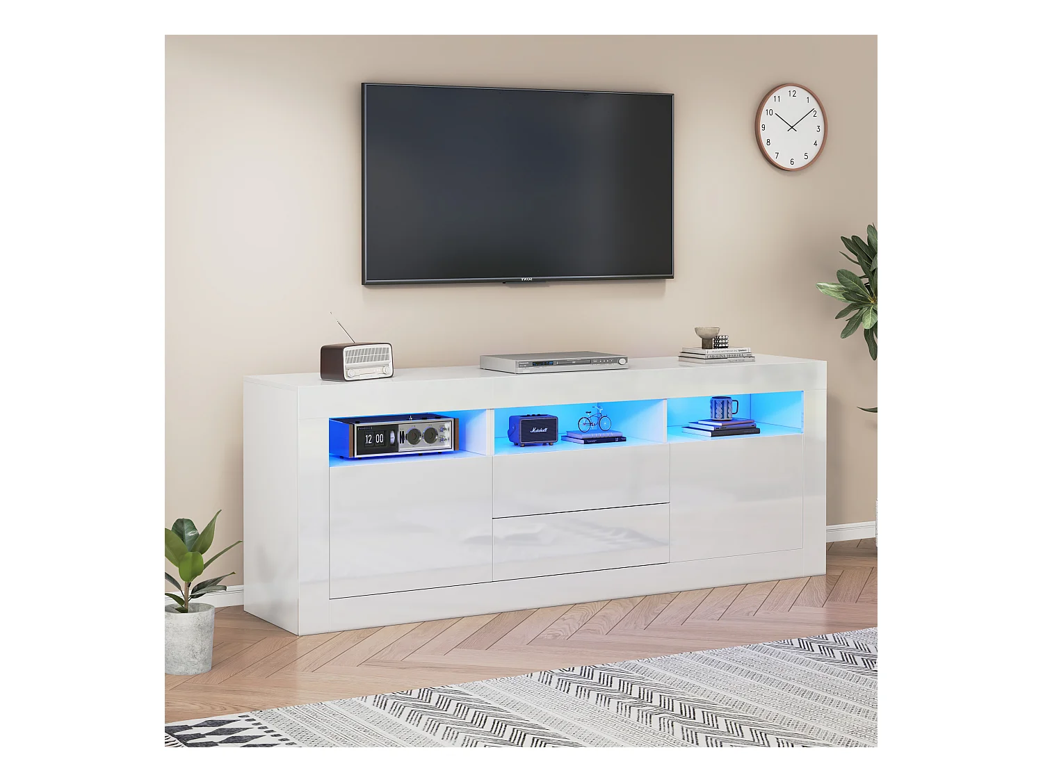 Meuble TV LED salon avec 2 portes 2 tiroirs et rangement ouvert - bois - blanc (160x35x60 cm)