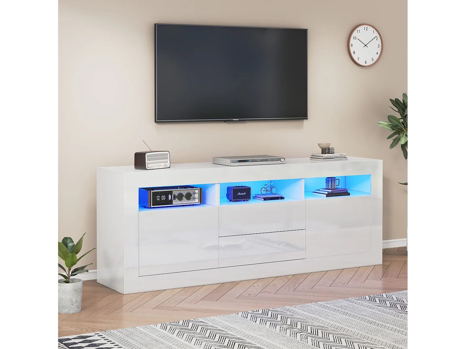 Meuble TV 160x35x60 cm LED salon avec 2 portes 2 tiroirs et rangement ouvert - bois - blanc