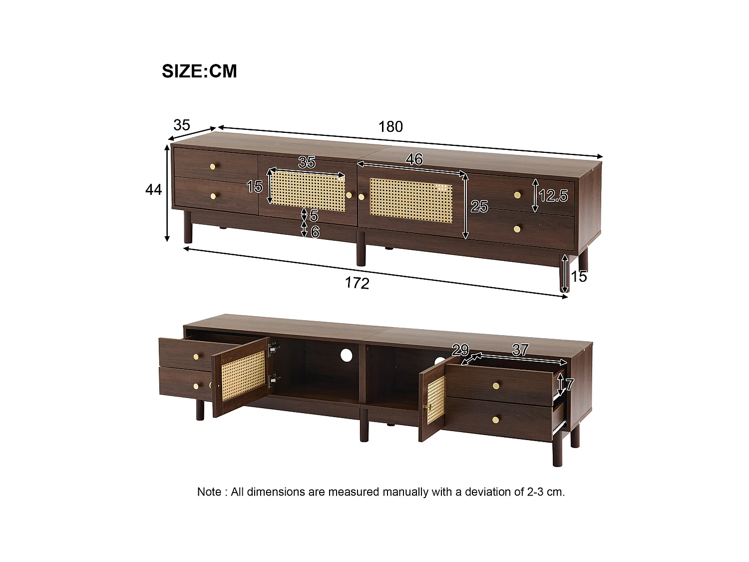 Woonkamer TV-meubel met 2 rotandeuren, 4 laden, houten opbergmeubel - bruin (180x35x44 cm)