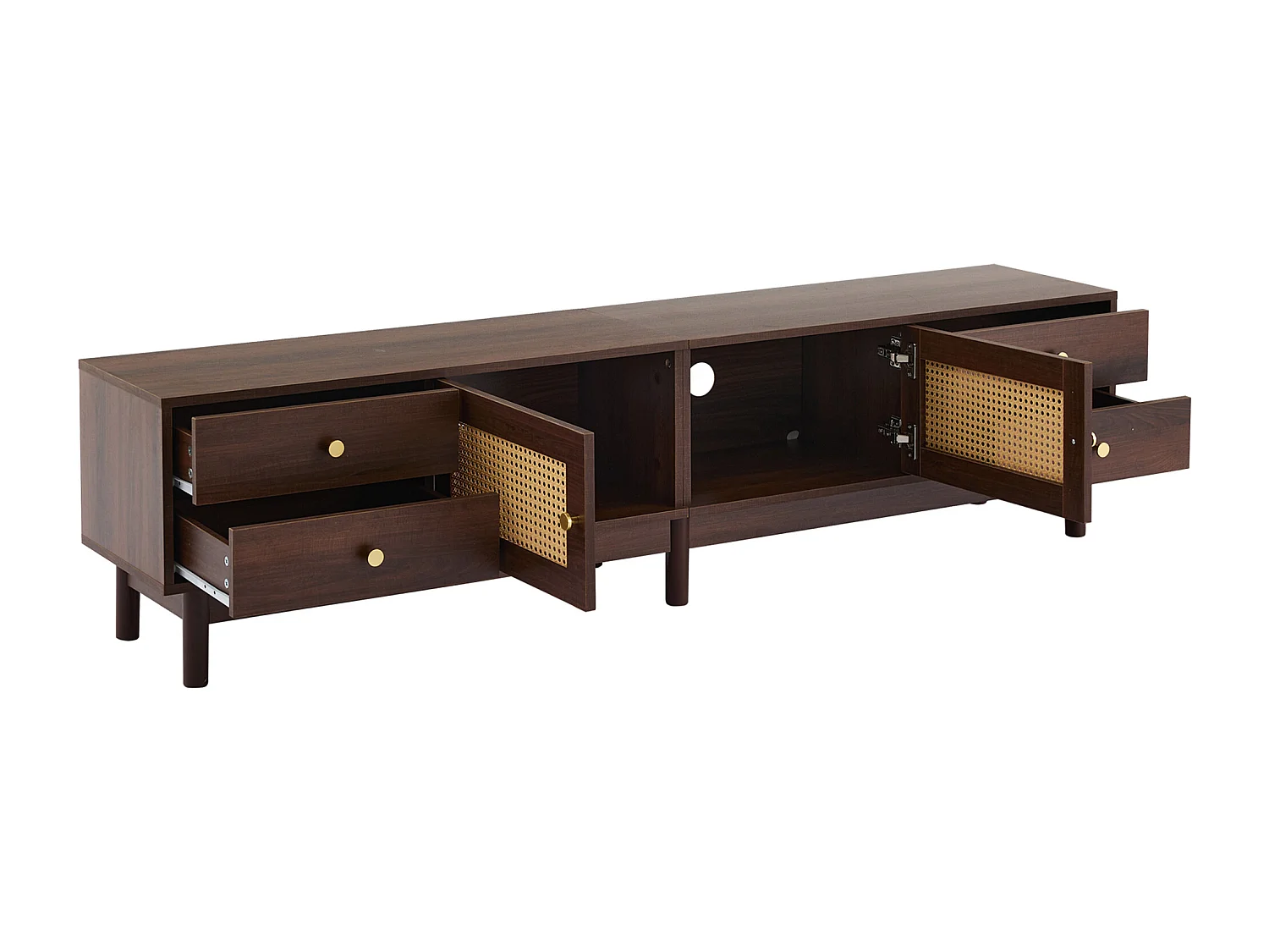 Meuble TV 180x35x44 cm avec 2 portes en rotin 4 tiroirs meuble de rangement en bois - marron