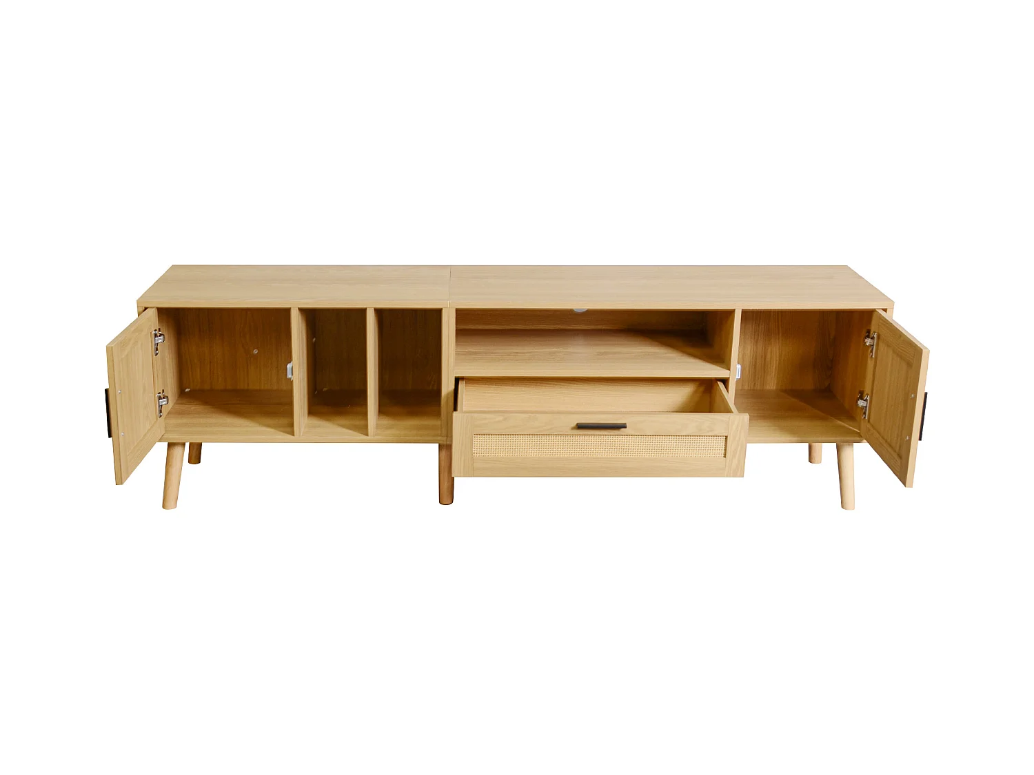 Meuble TV 180x40x54 cm avec 2 portes 1 tiroir en rotin meuble de rangement en bois - chêne