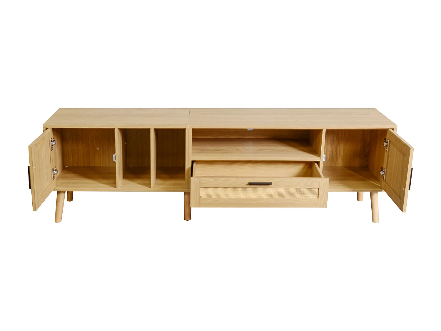 Meuble TV 180x40x54 cm avec 2 portes 1 tiroir en rotin meuble de rangement en bois - chêne