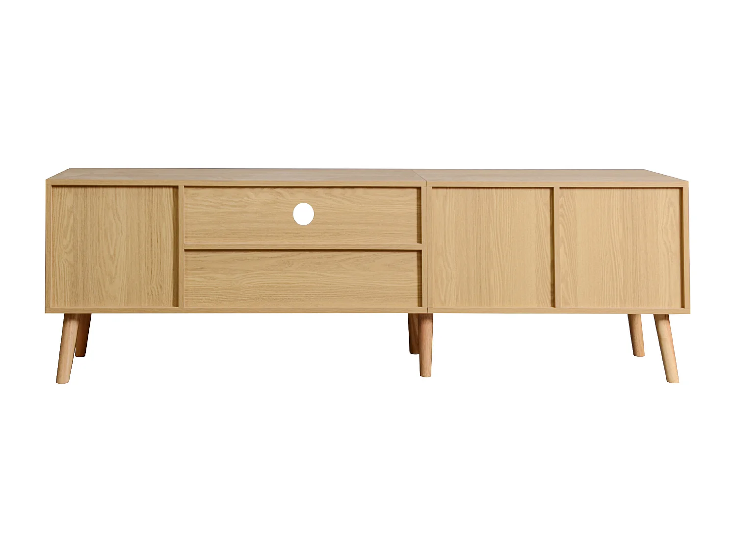 Meuble TV 180x40x54 cm avec 2 portes 1 tiroir en rotin meuble de rangement en bois - chêne