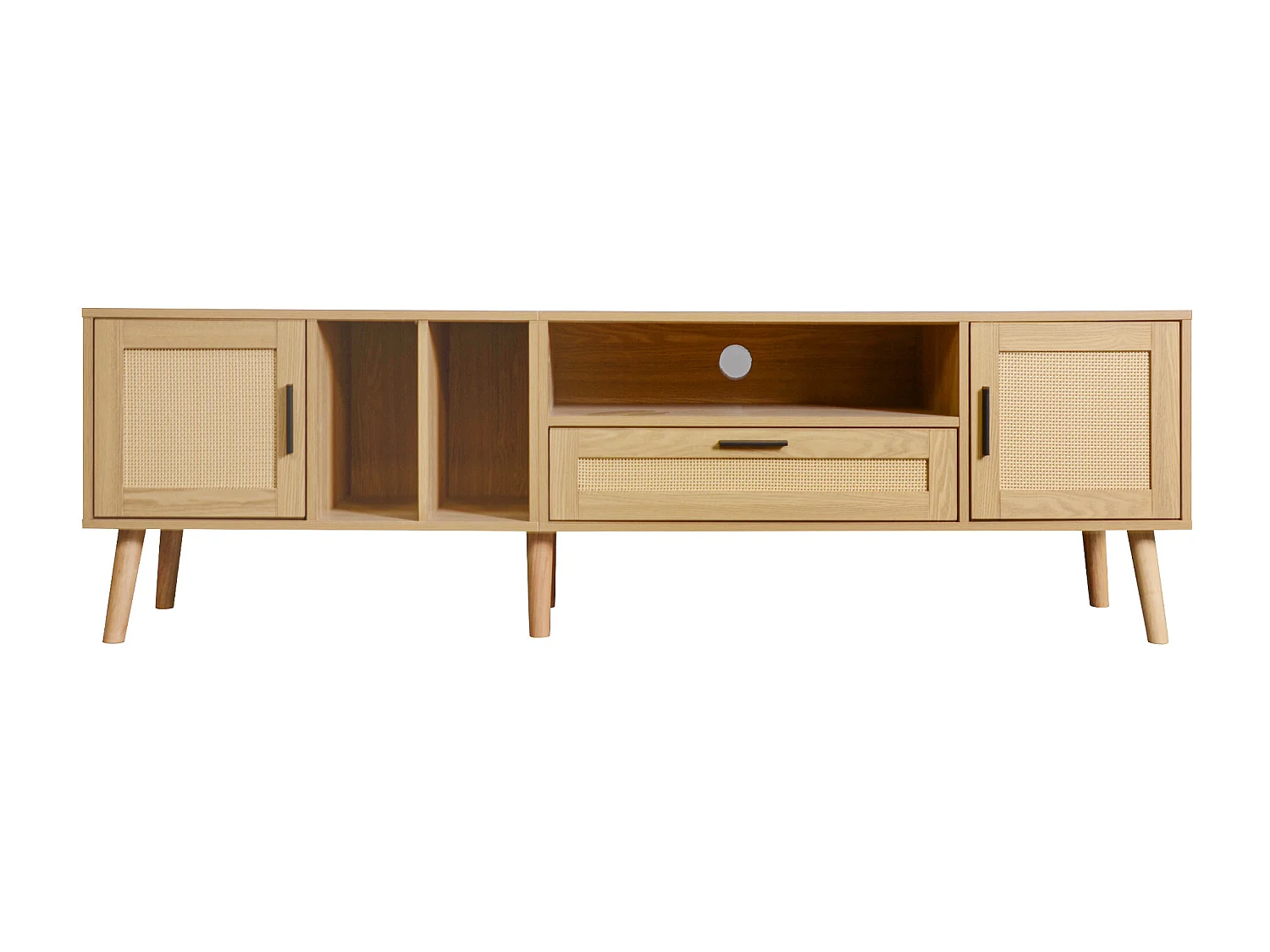 Meuble TV 180x40x54 cm avec 2 portes 1 tiroir en rotin meuble de rangement en bois - chêne