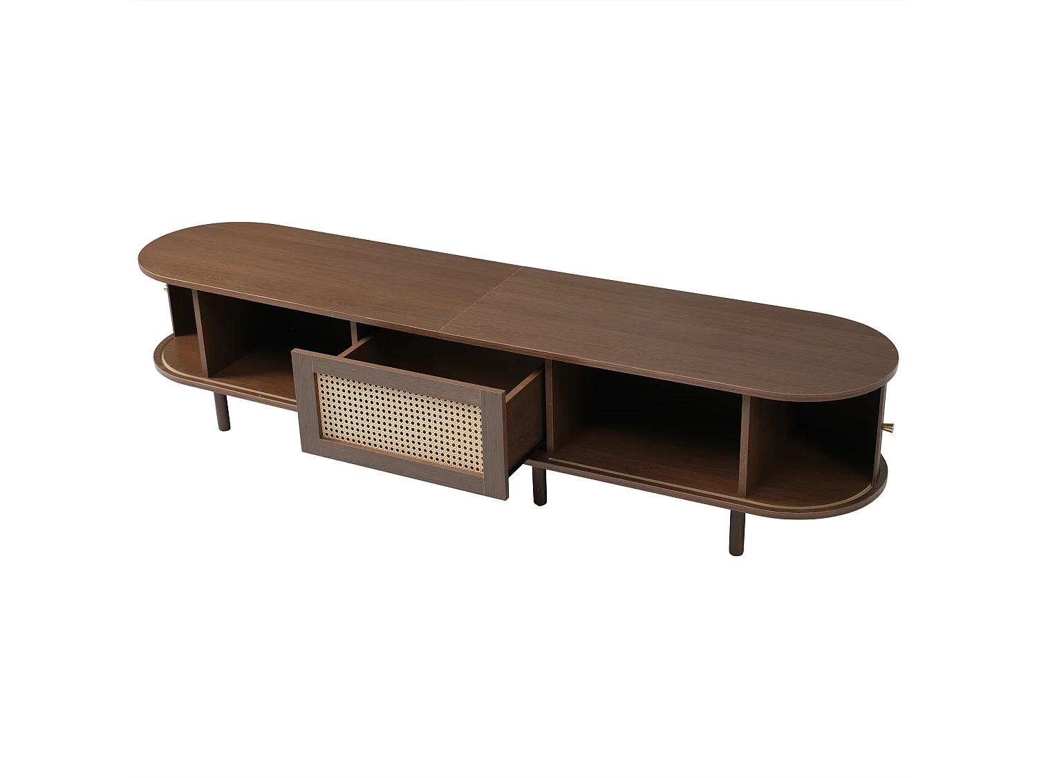 Meuble TV ovale 180x40x40 cm avec 2 portes 1 tiroir en rotin et rangement - pieds réglables - bois - noyer