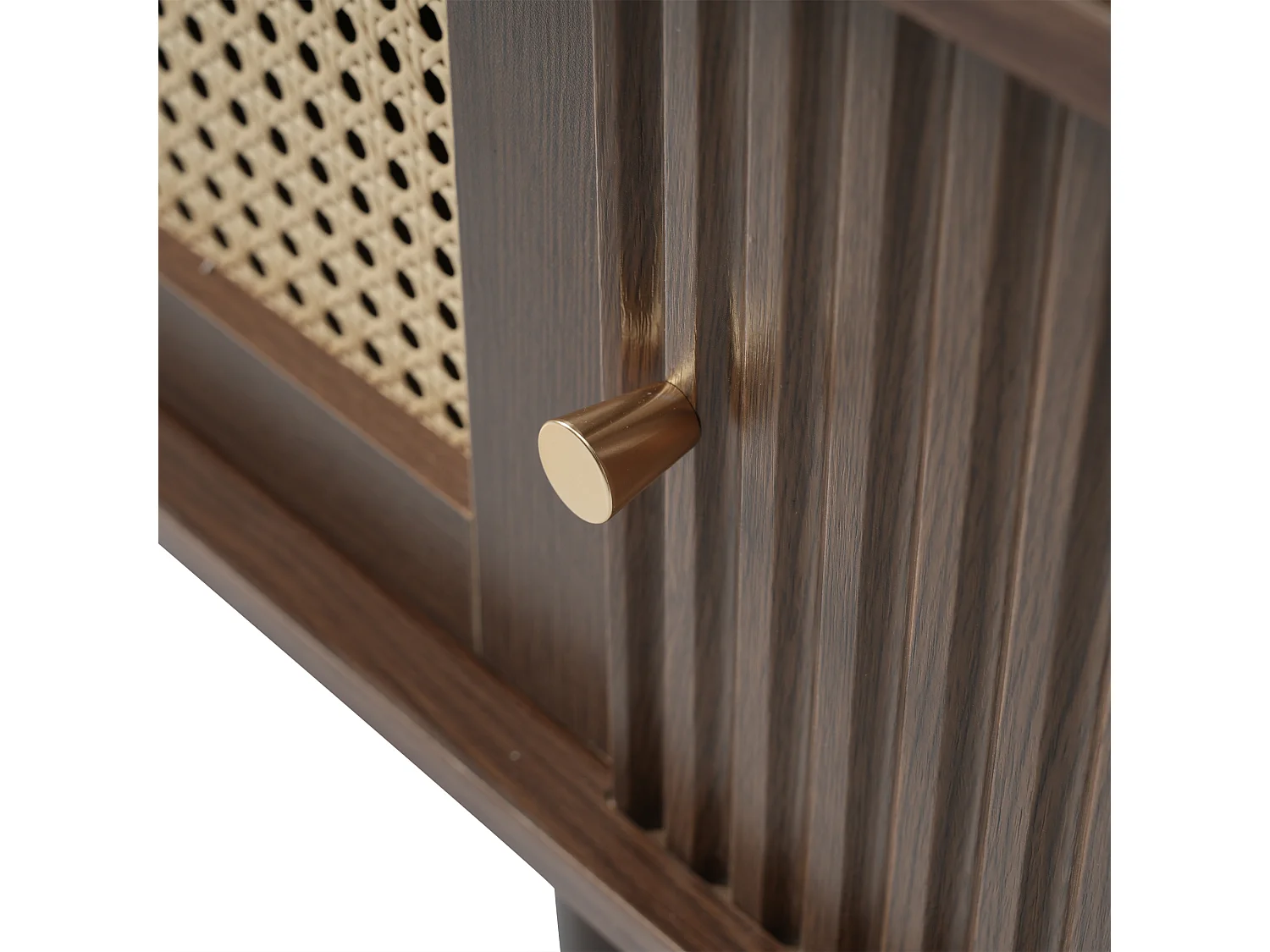 Meuble TV ovale 180x40x40 cm avec 2 portes 1 tiroir en rotin et rangement - pieds réglables - bois - noyer