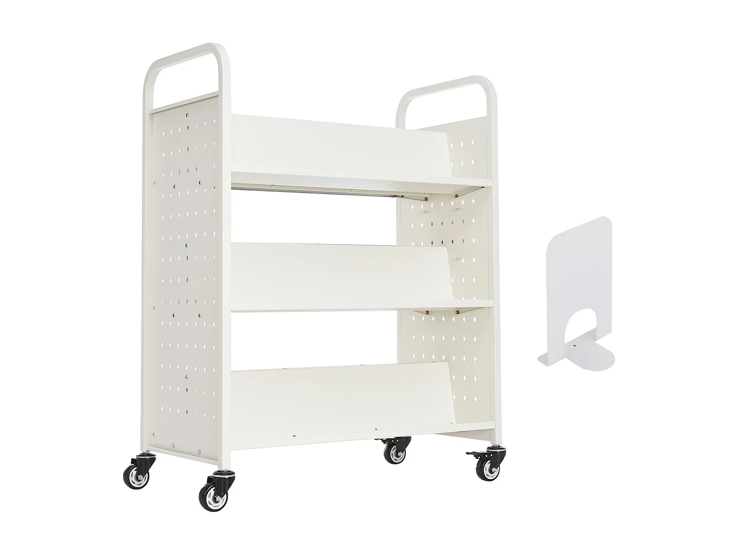 Boekenwagen SucceBuy, Laadvermogen 150 kg, Bibliotheekwagen, 97x51,5x122,5 cm, Boeken Opbergplank Dubbele Zijde, voor Woonkamer, Wit