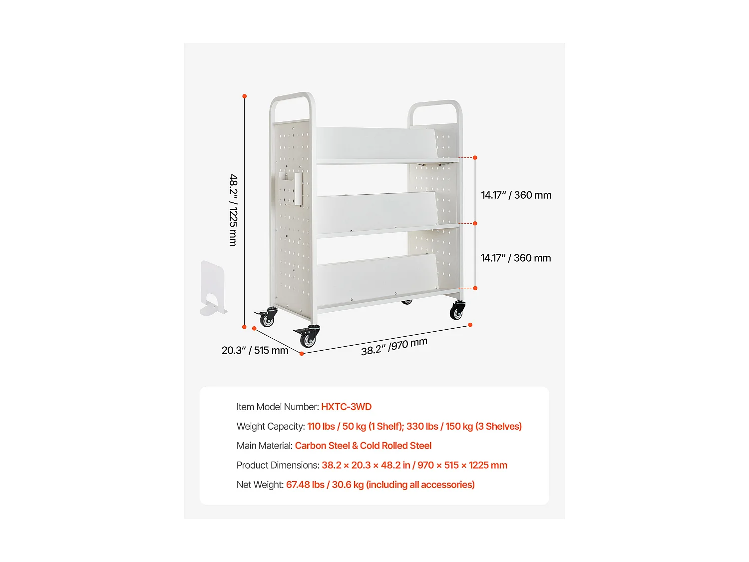 Boekenwagen SucceBuy, Laadvermogen 150 kg, Bibliotheekwagen, 97x51,5x122,5 cm, Boeken Opbergplank Dubbele Zijde, voor Woonkamer, Wit
